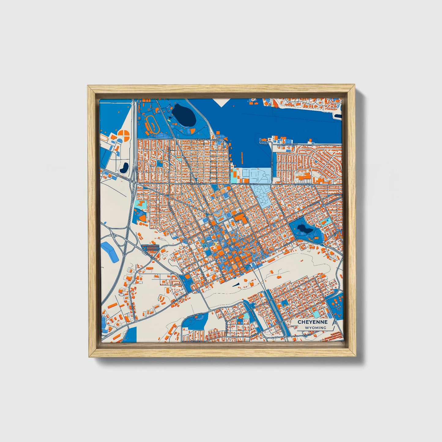 Cheyenne Wyoming Colorful City Map Canvas Print • Natural Wooden Framed