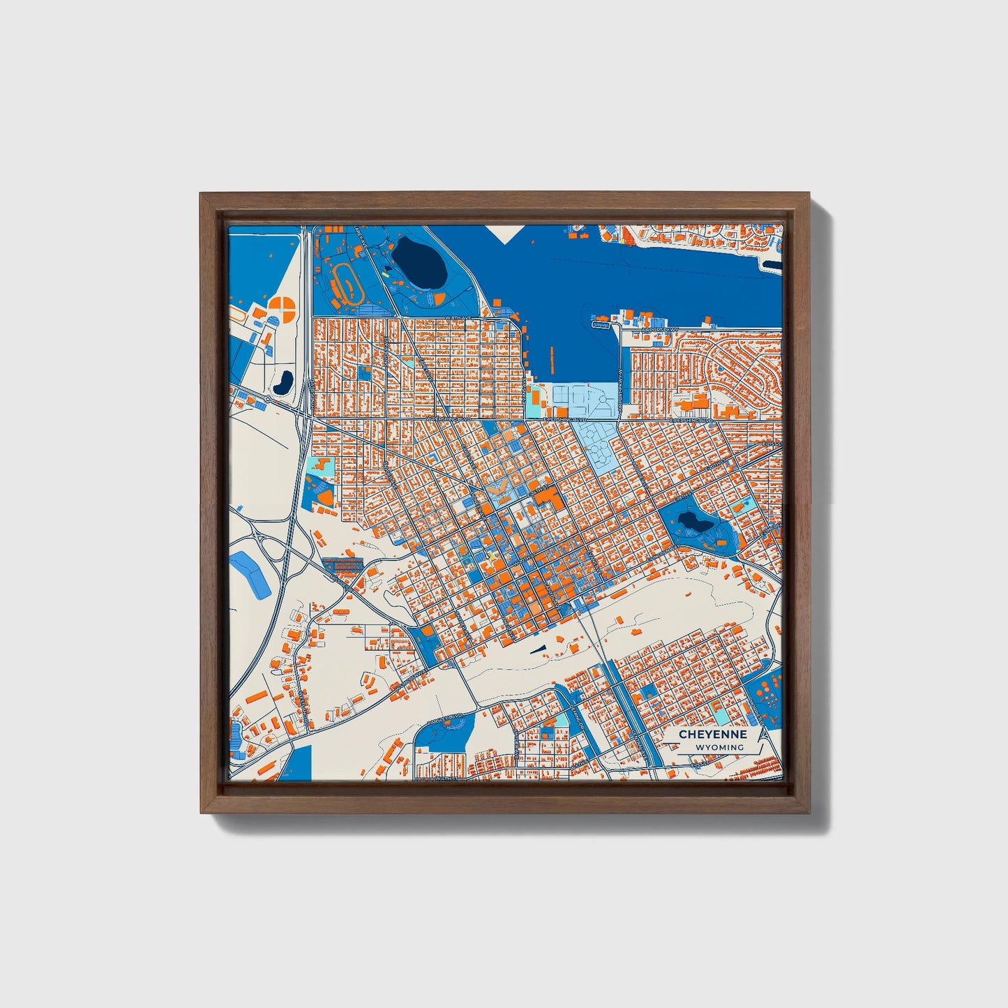 Cheyenne Wyoming Colorful City Map Canvas Print • Dark Wooden Framed