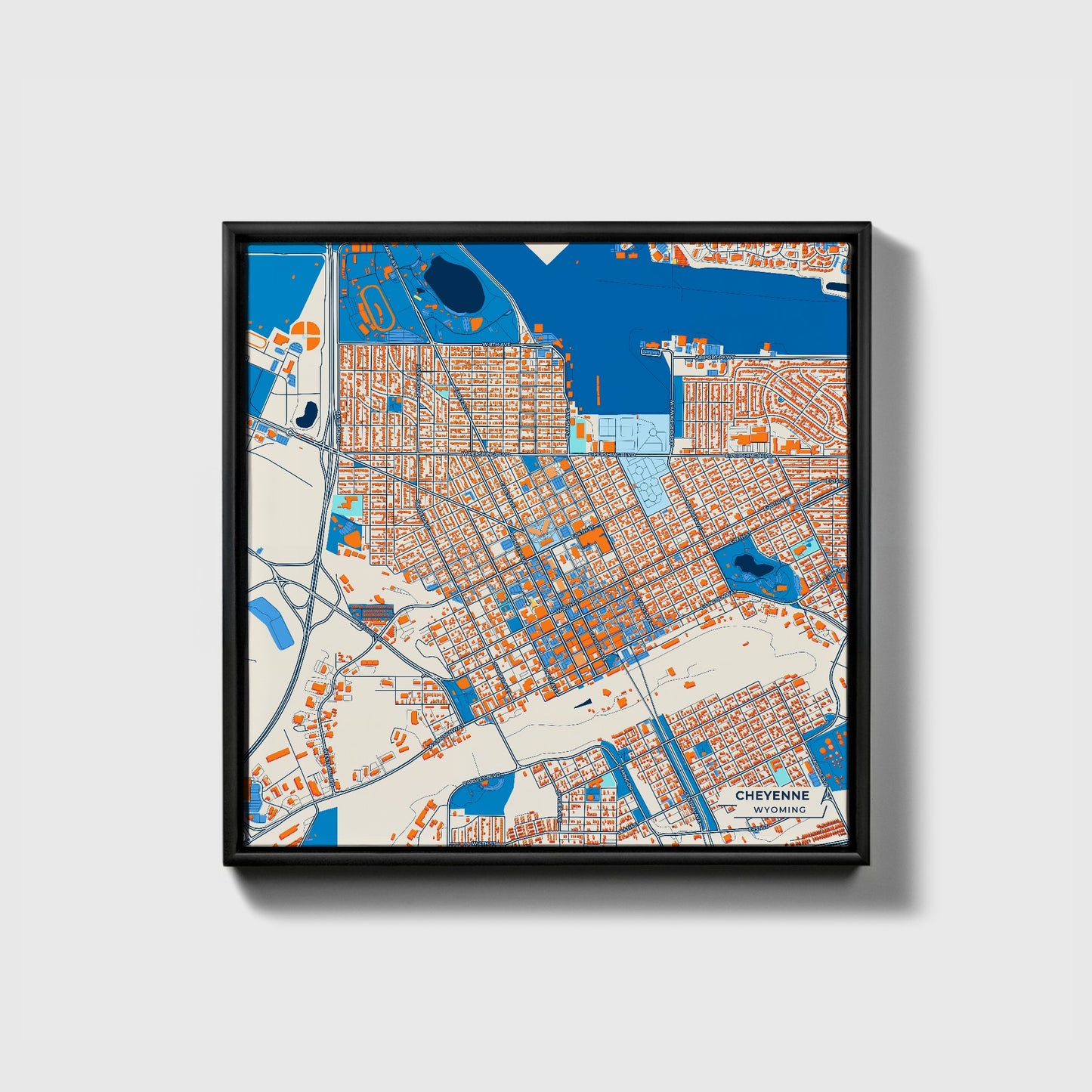 Cheyenne Wyoming Colorful City Map Canvas Print • Black Framed