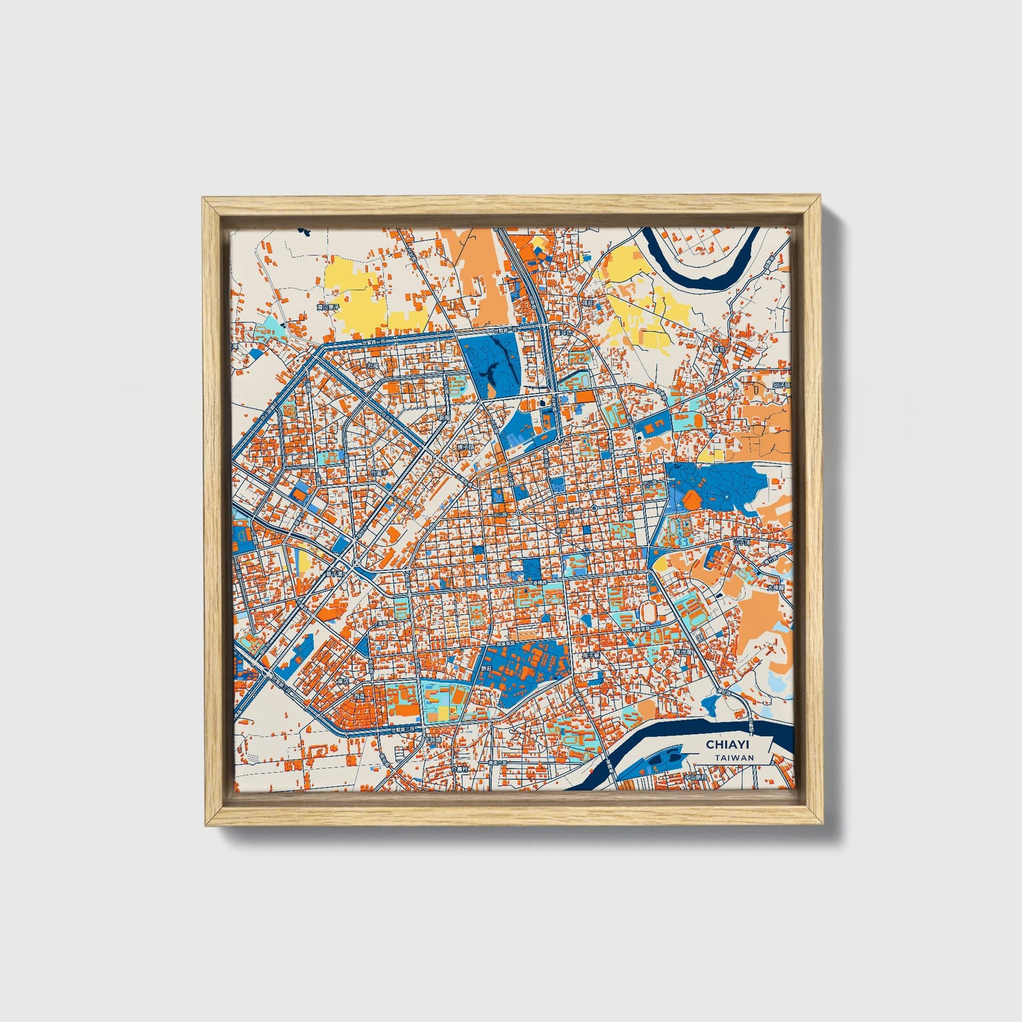 Chiayi Taiwan Colorful City Map Canvas Print • Natural Wooden Framed