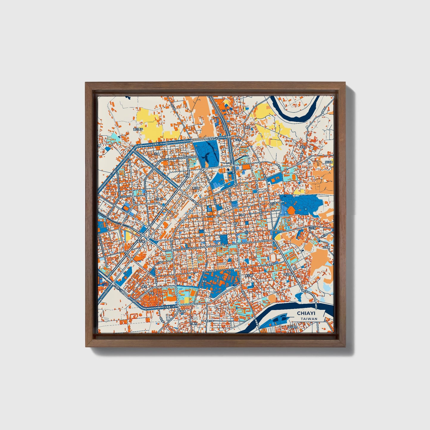 Chiayi Taiwan Colorful City Map Canvas Print • Dark Wooden Framed