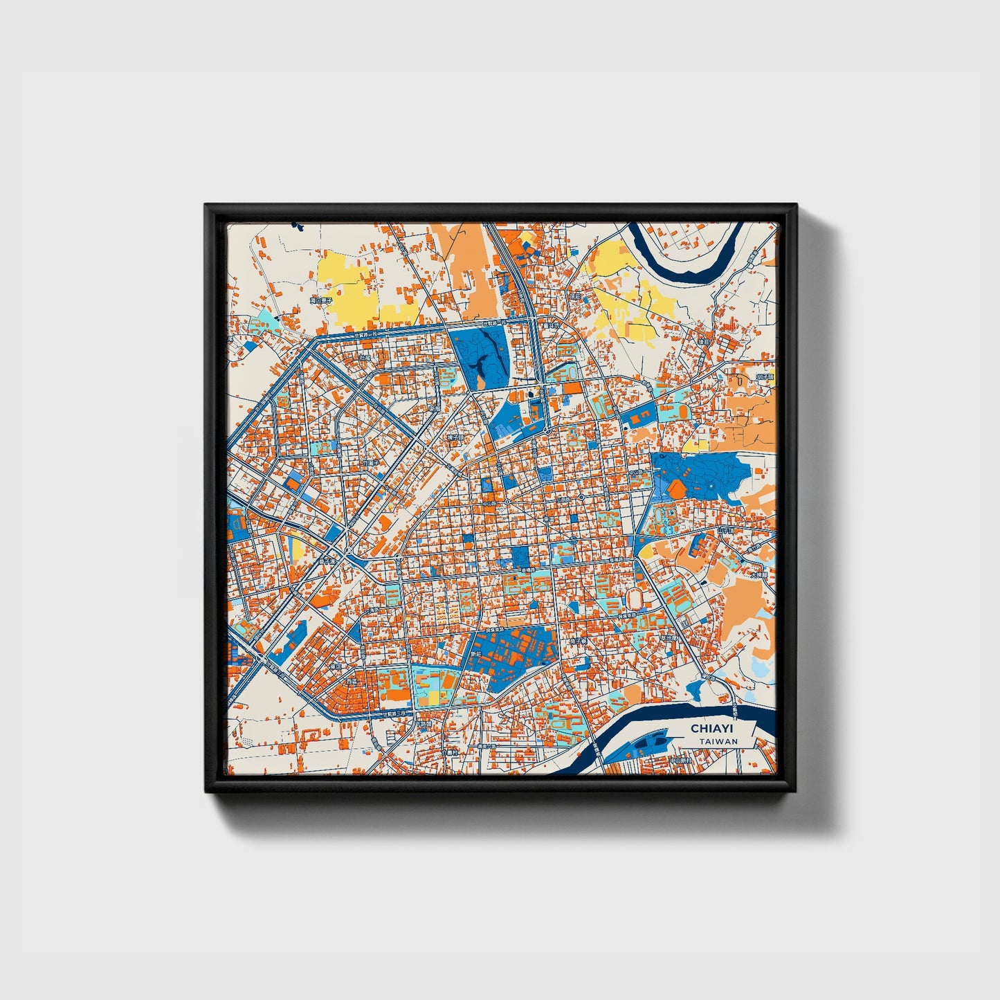 Chiayi Taiwan Colorful City Map Canvas Print • Black Framed