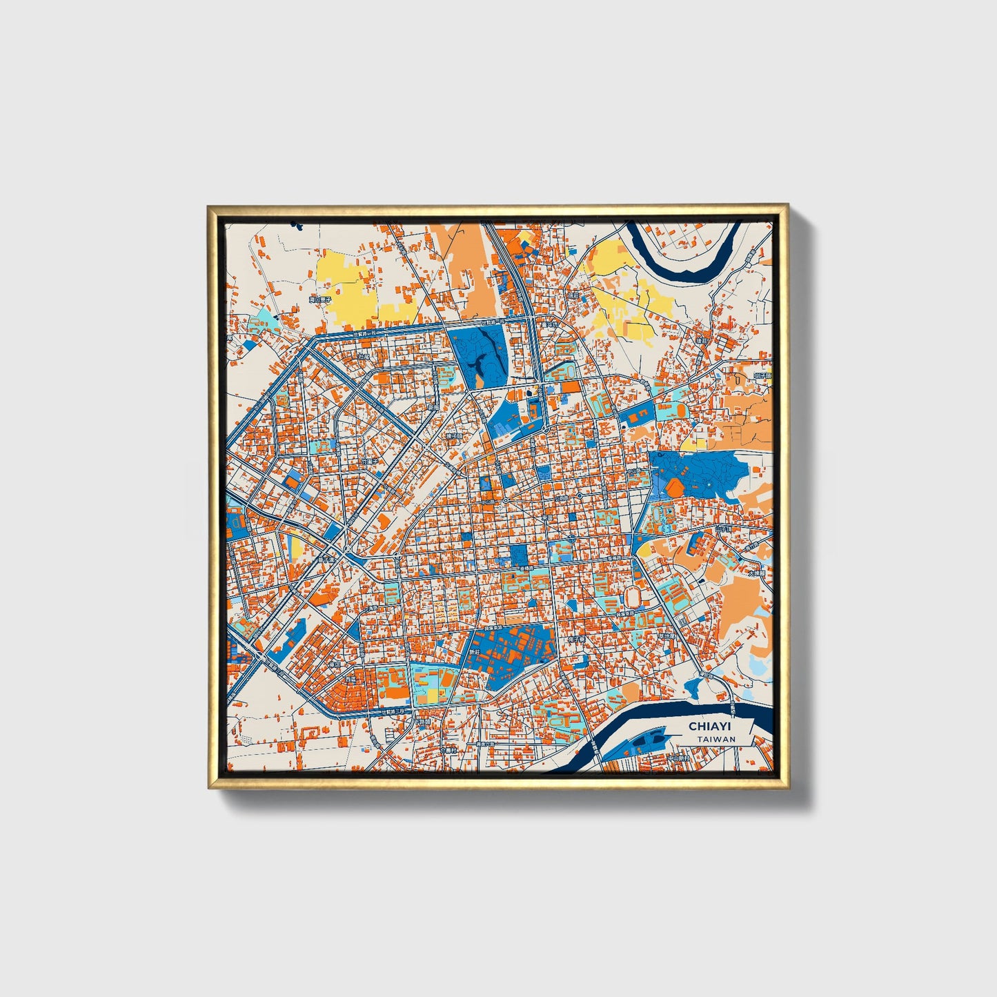 Chiayi Taiwan Colorful City Map Canvas Print • Gold Framed