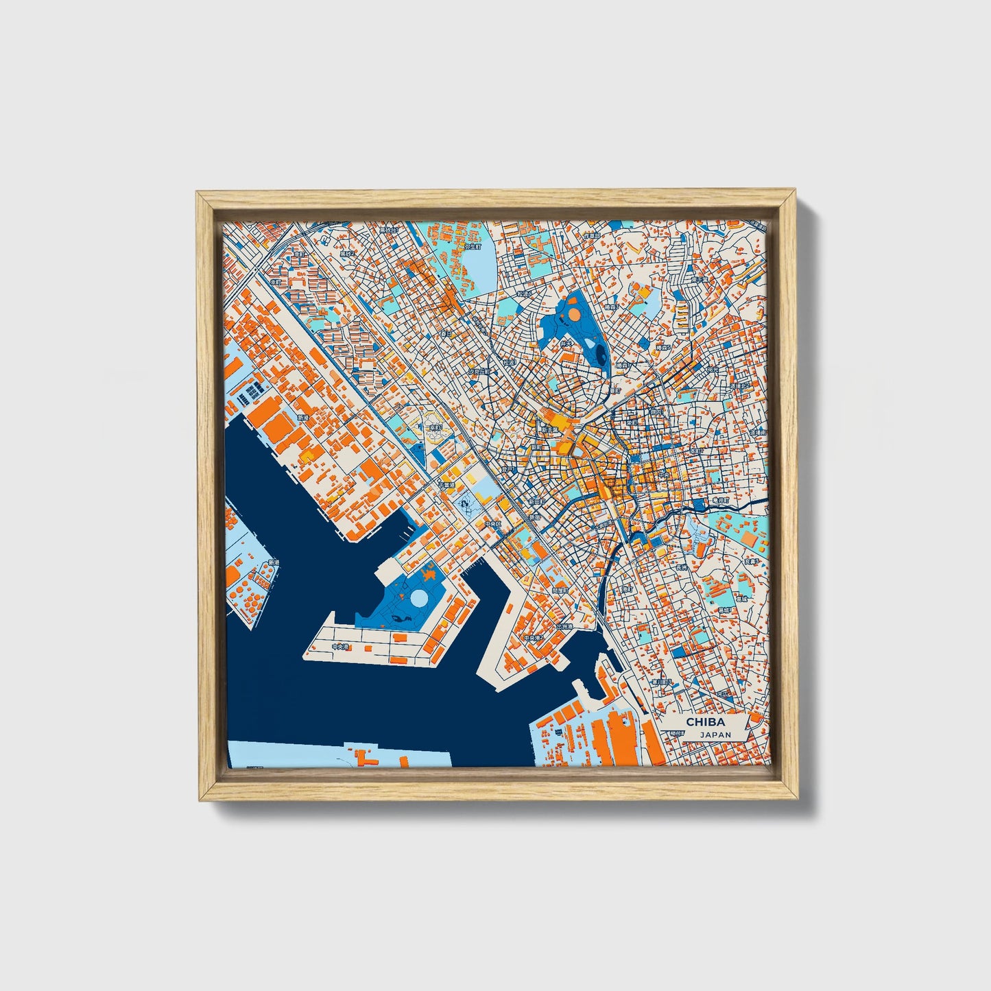 Chiba Japan Colorful City Map Canvas Print • Natural Wooden Framed