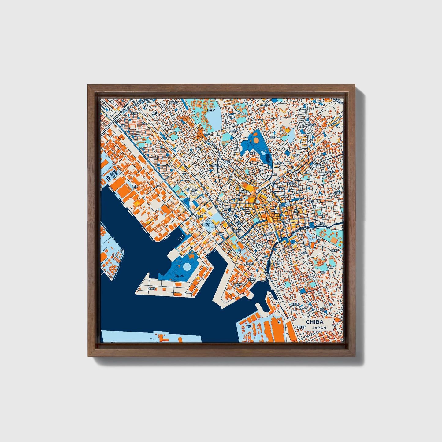 Chiba Japan Colorful City Map Canvas Print • Dark Wooden Framed