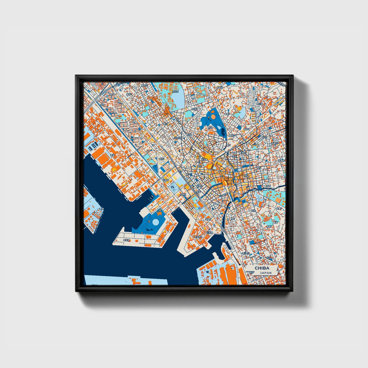 Chiba Japan Colorful City Map Canvas Print • Black Framed