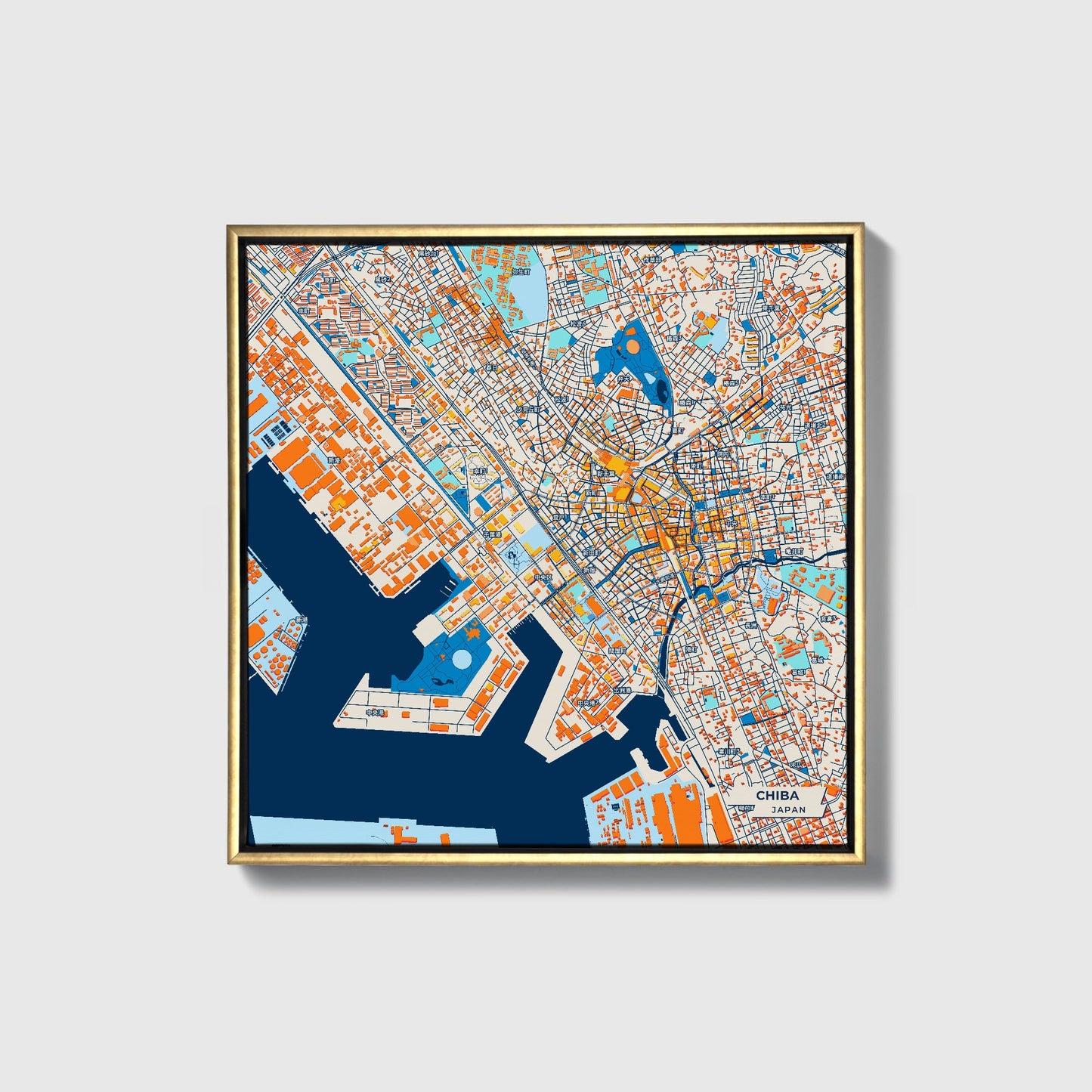 Chiba Japan Colorful City Map Canvas Print • Gold Framed