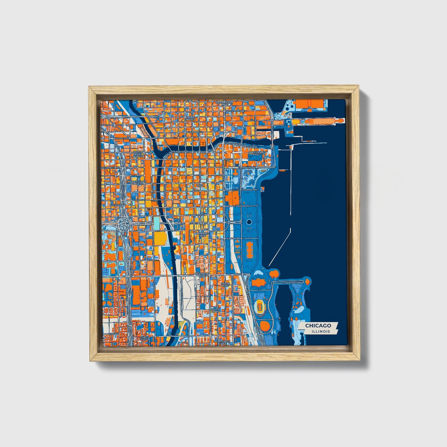Chicago Illinois Colorful City Map Canvas Print • Natural Wooden Framed