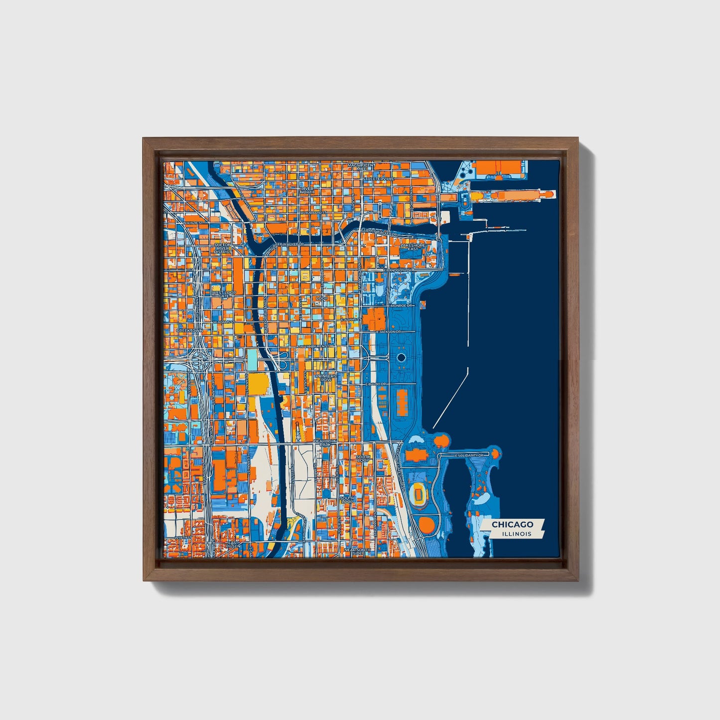 Chicago Illinois Colorful City Map Canvas Print • Dark Wooden Framed
