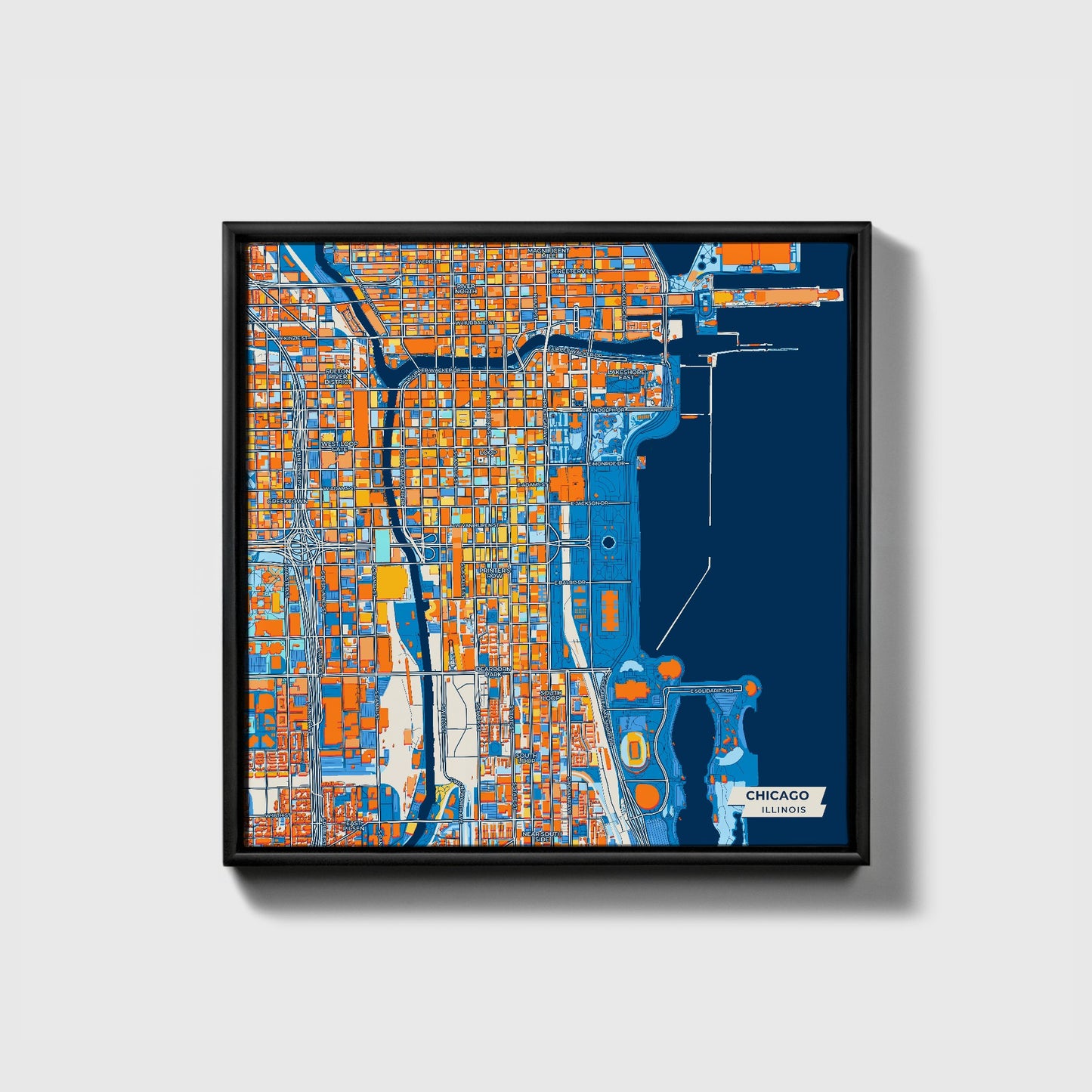 Chicago Illinois Colorful City Map Canvas Print • Black Framed