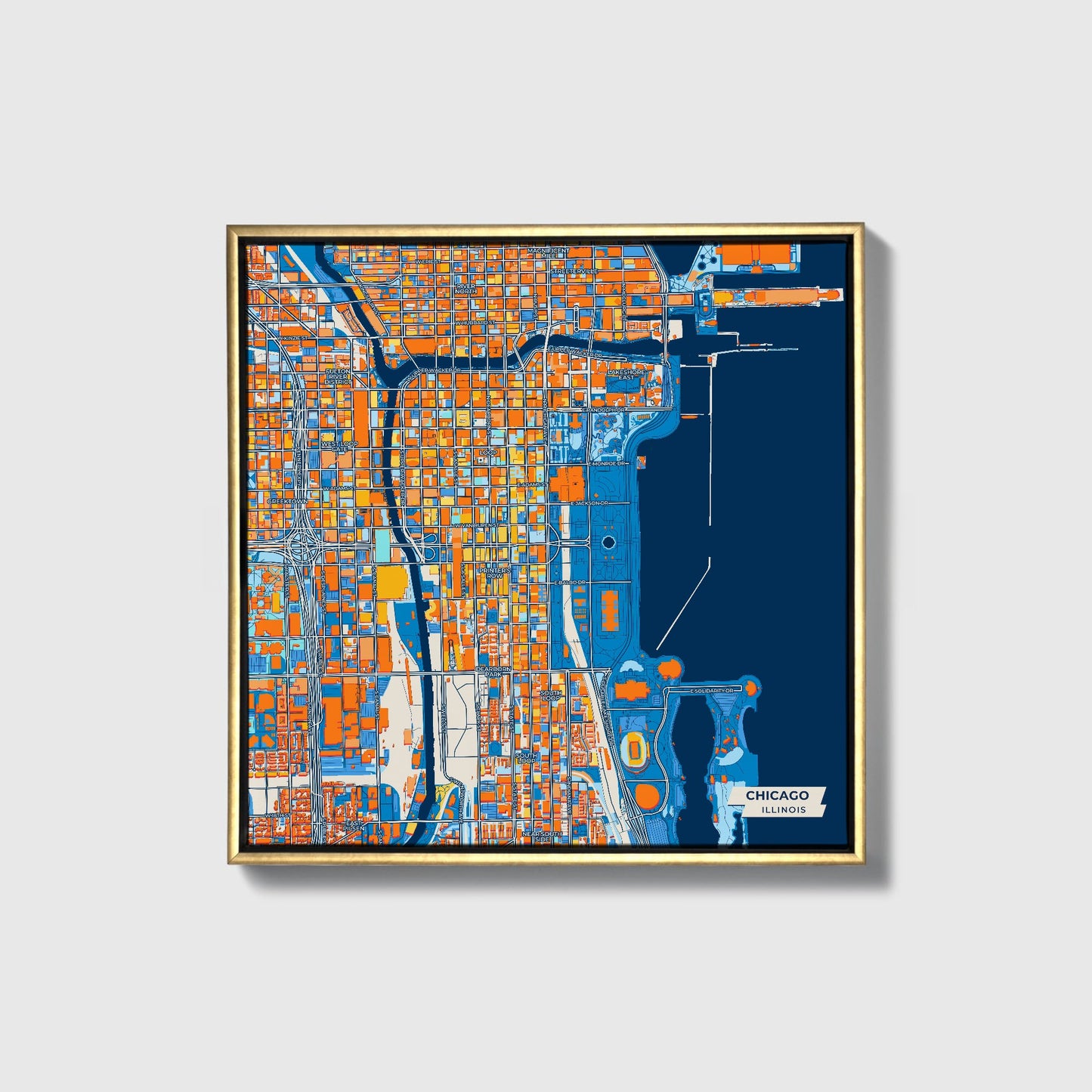 Chicago Illinois Colorful City Map Canvas Print • Gold Framed