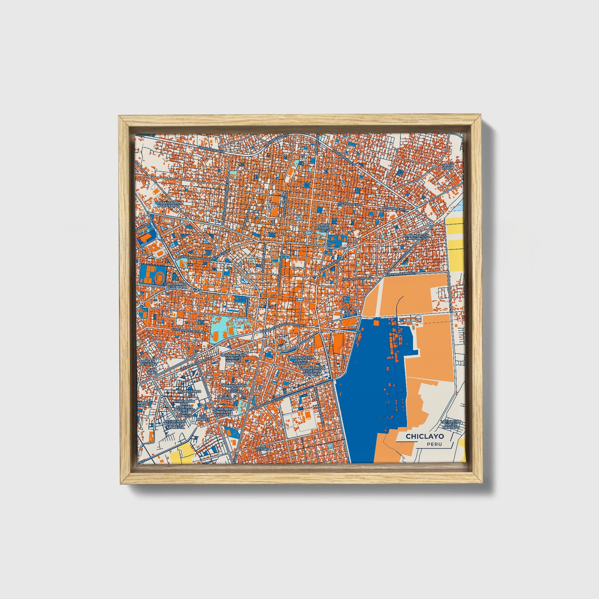 Chiclayo Peru Colorful City Map Canvas Print • Natural Wooden Framed