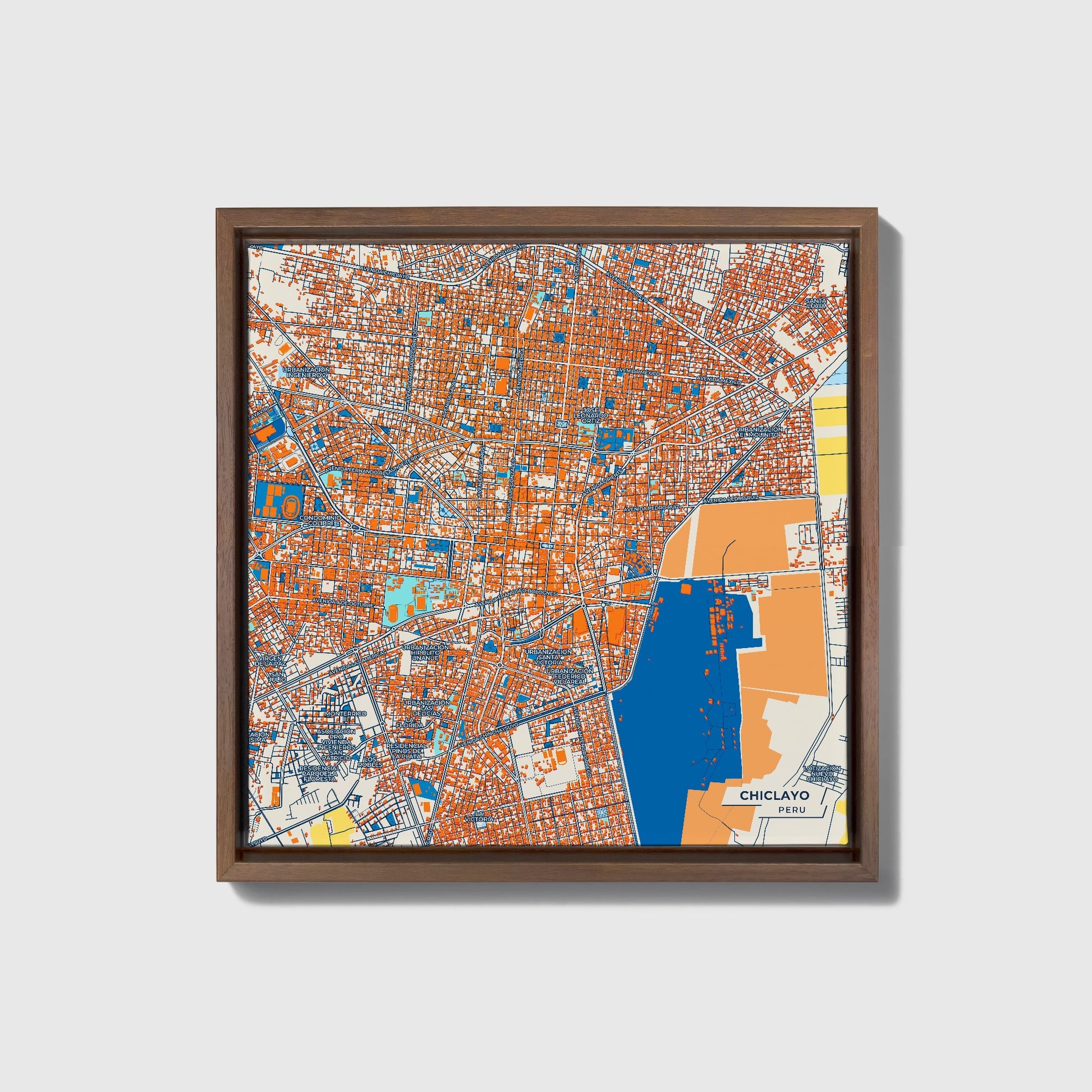 Chiclayo Peru Colorful City Map Canvas Print • Dark Wooden Framed