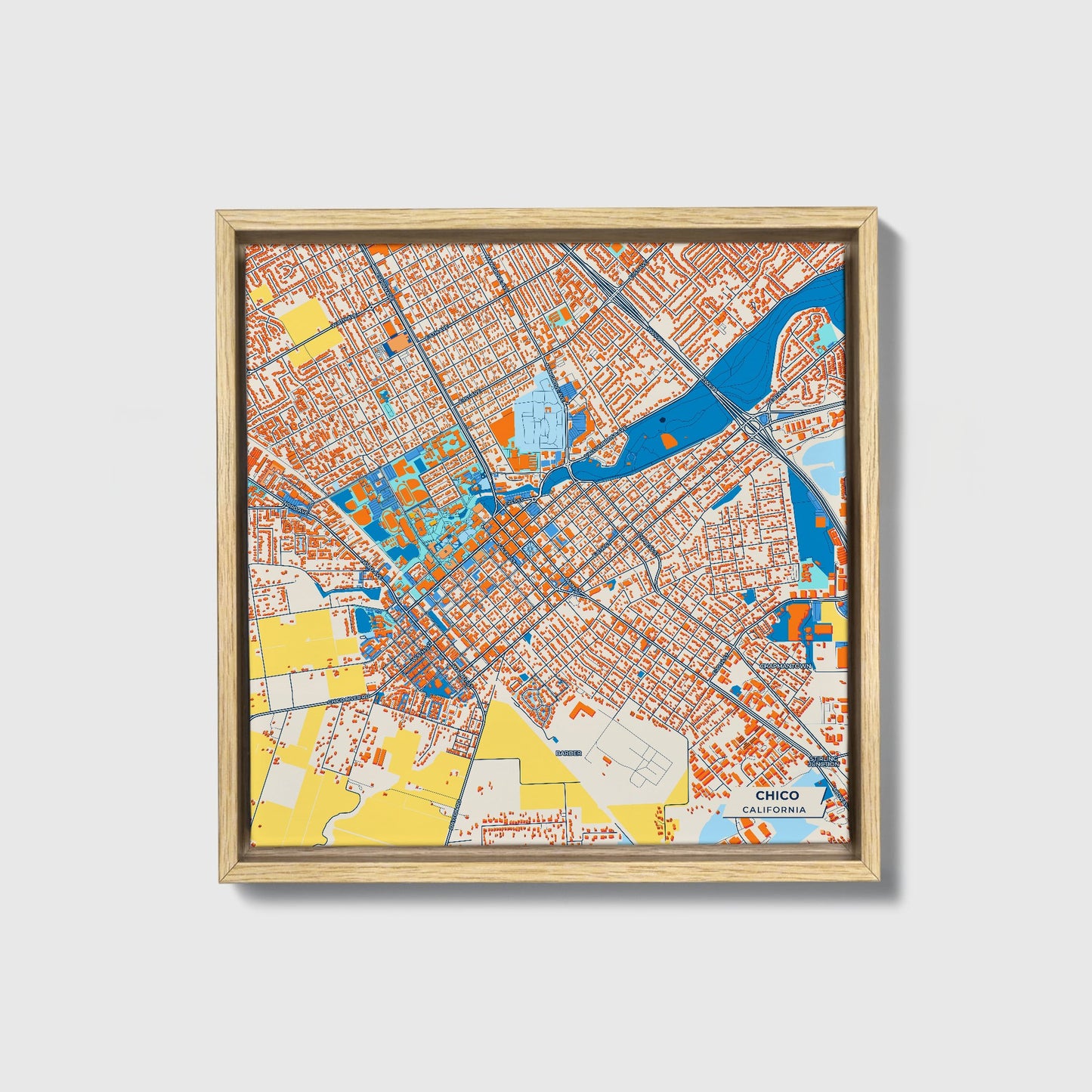 Chico California Colorful City Map Canvas Print • Natural Wooden Framed
