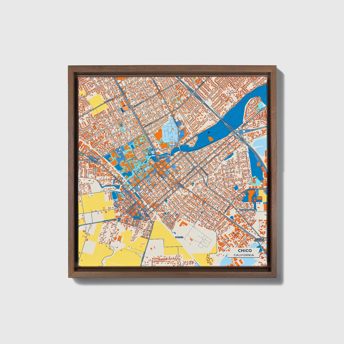 Chico California Colorful City Map Canvas Print • Dark Wooden Framed