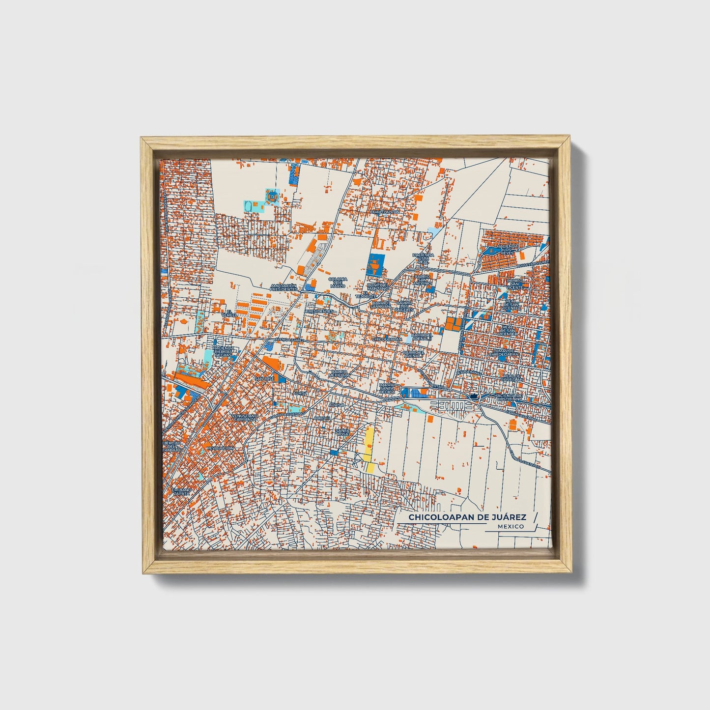 Chicoloapan De Juárez Mexico Colorful City Map Canvas Print • Natural Wooden Framed