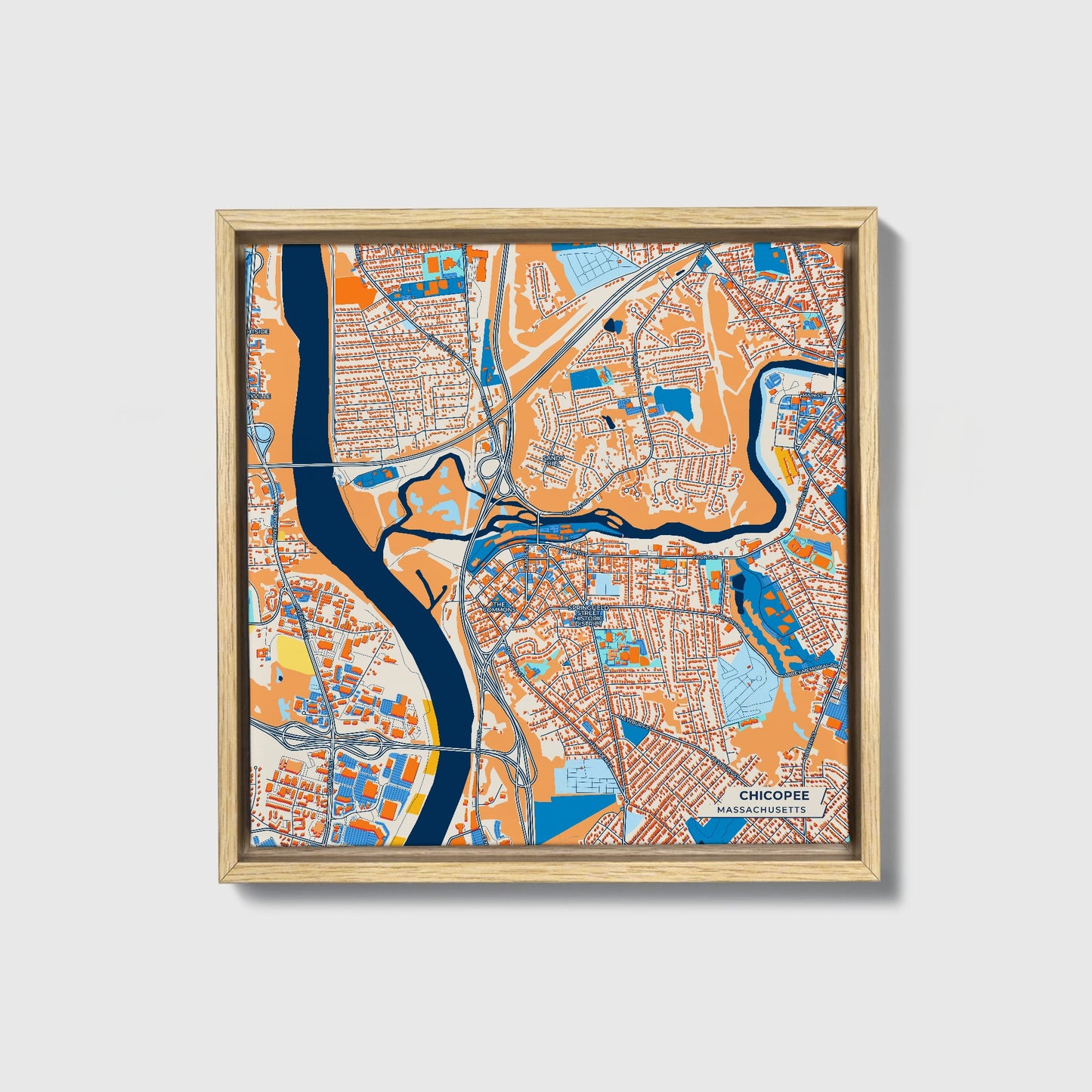 Chicopee Massachusetts Colorful City Map Canvas Print • Natural Wooden Framed