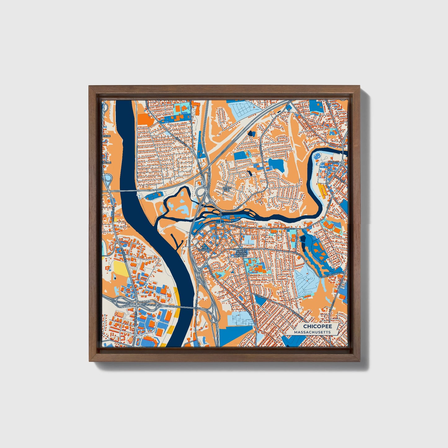 Chicopee Massachusetts Colorful City Map Canvas Print • Dark Wooden Framed