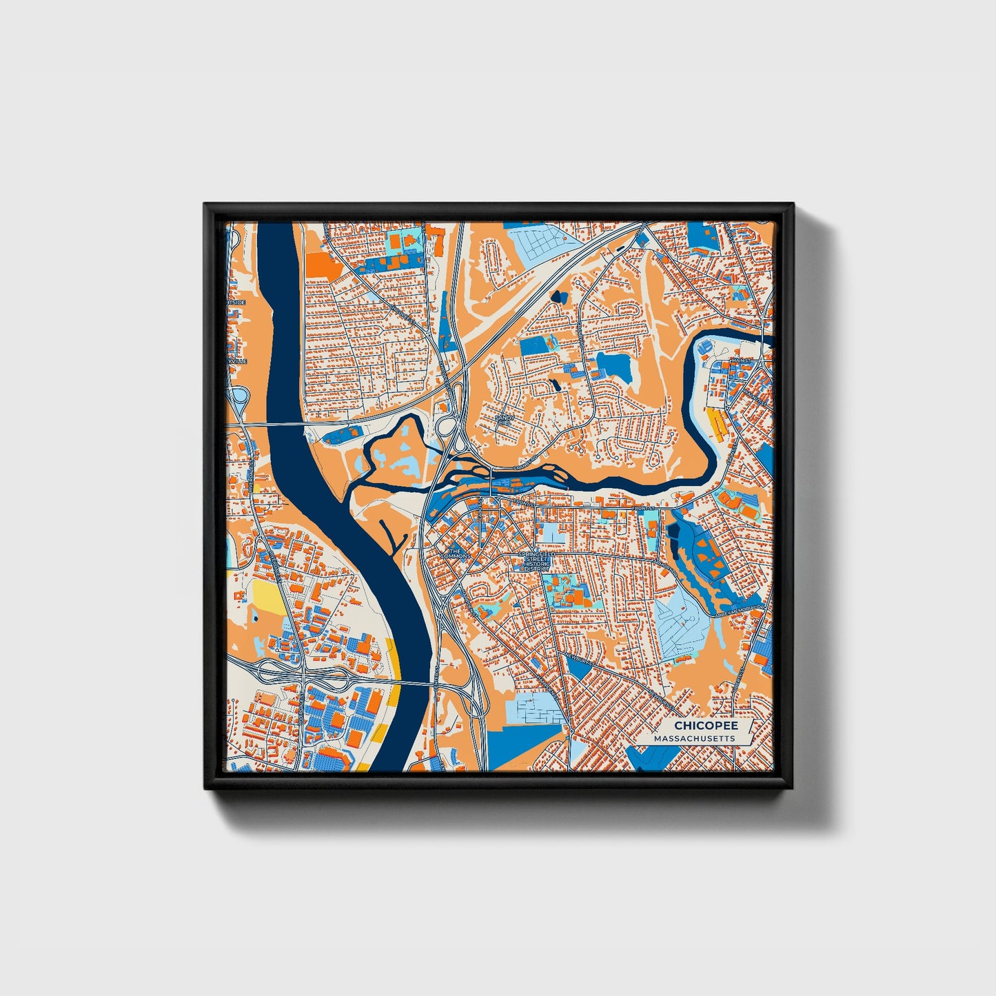 Chicopee Massachusetts Colorful City Map Canvas Print • Black Framed
