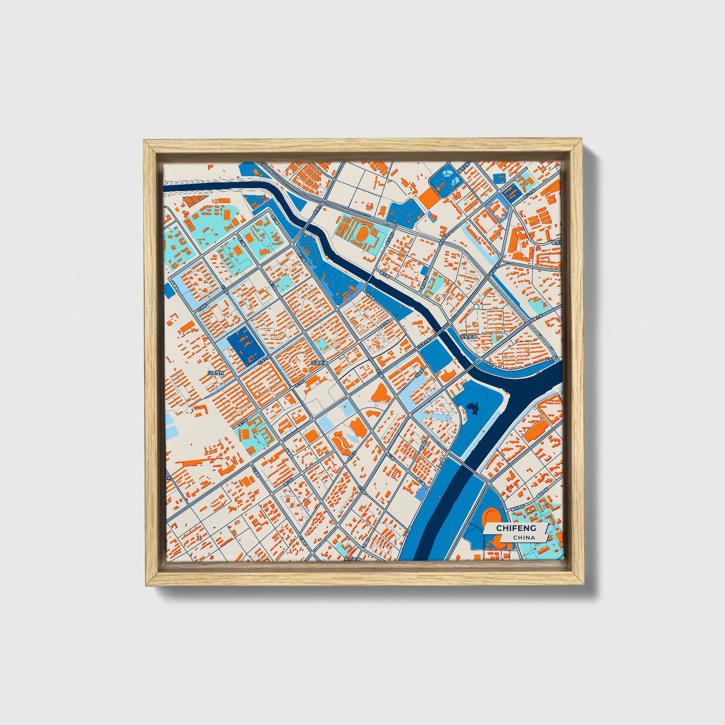 Chifeng China Colorful City Map Canvas Print • Natural Wooden Framed