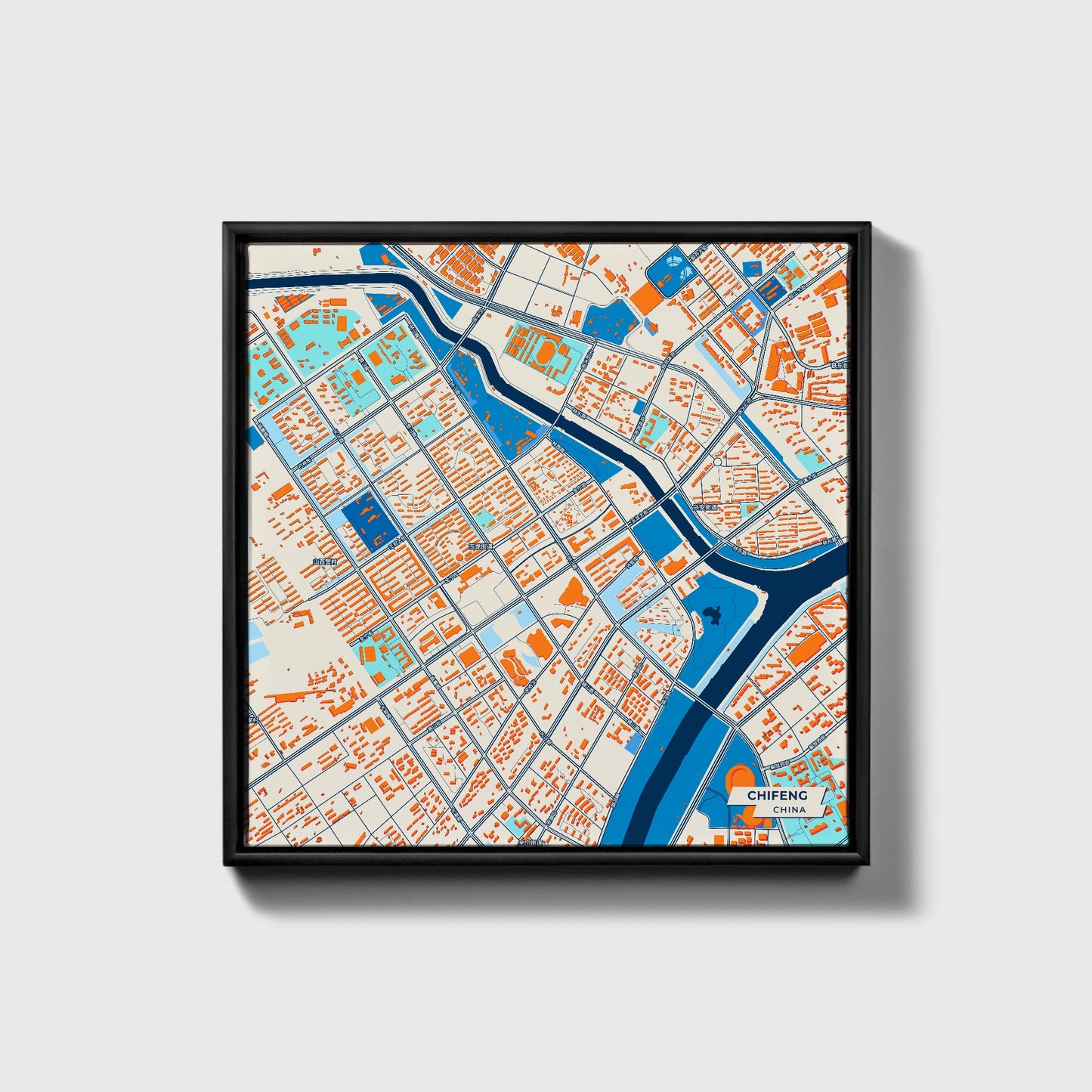 Chifeng China Colorful City Map Canvas Print • Black Framed