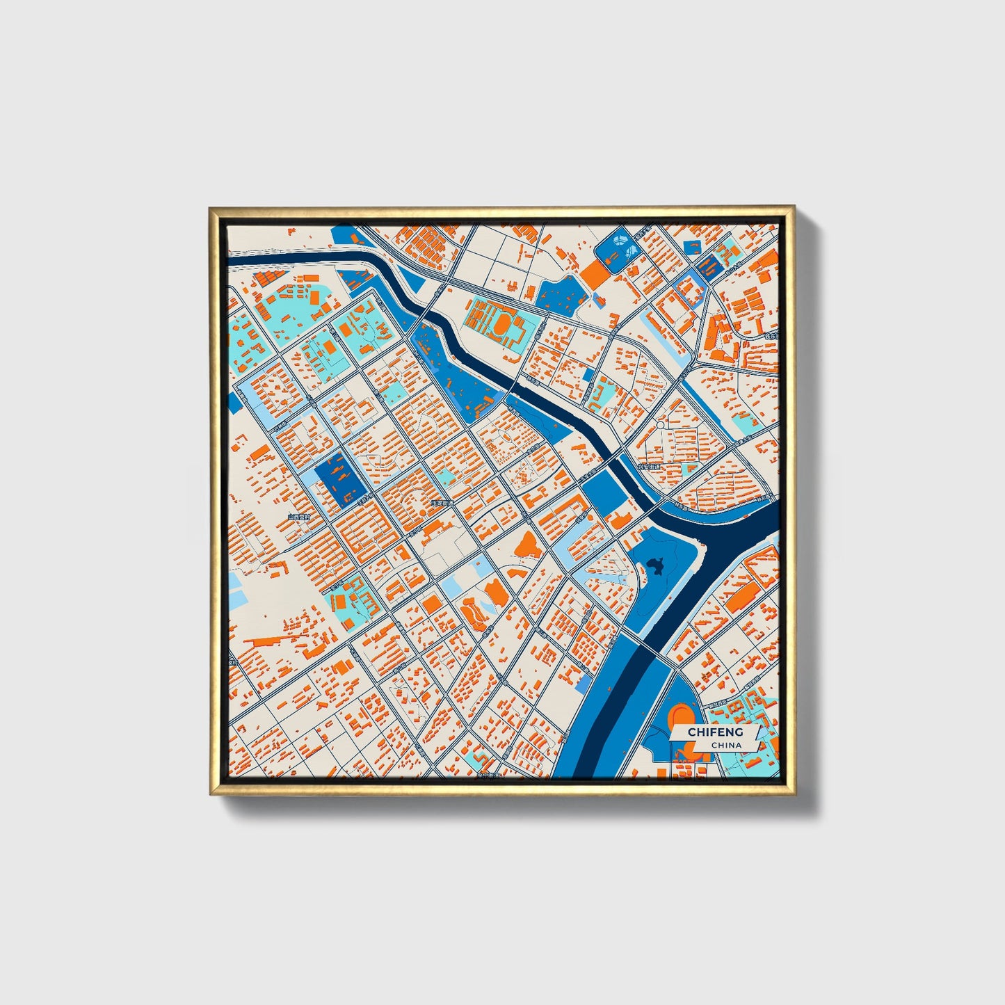 Chifeng China Colorful City Map Canvas Print • Gold Framed