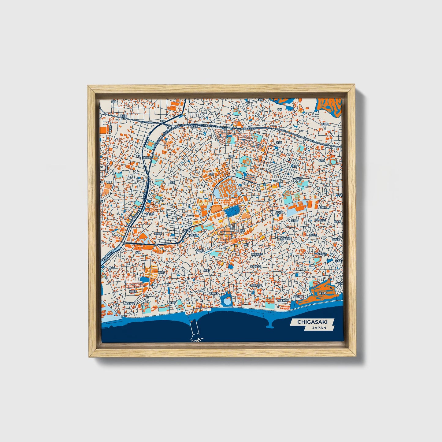 Chigasaki Japan Colorful City Map Canvas Print • Natural Wooden Framed