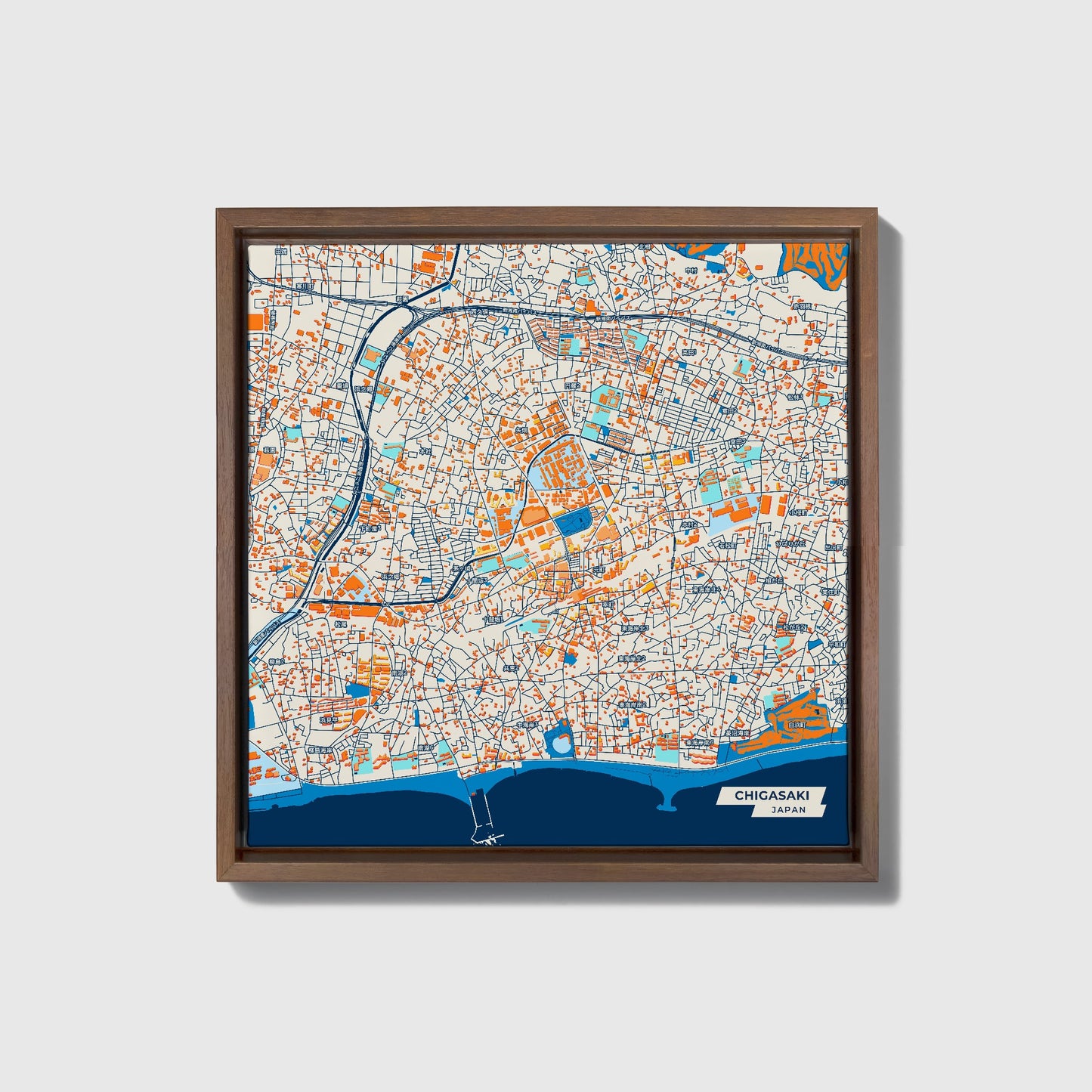 Chigasaki Japan Colorful City Map Canvas Print • Dark Wooden Framed