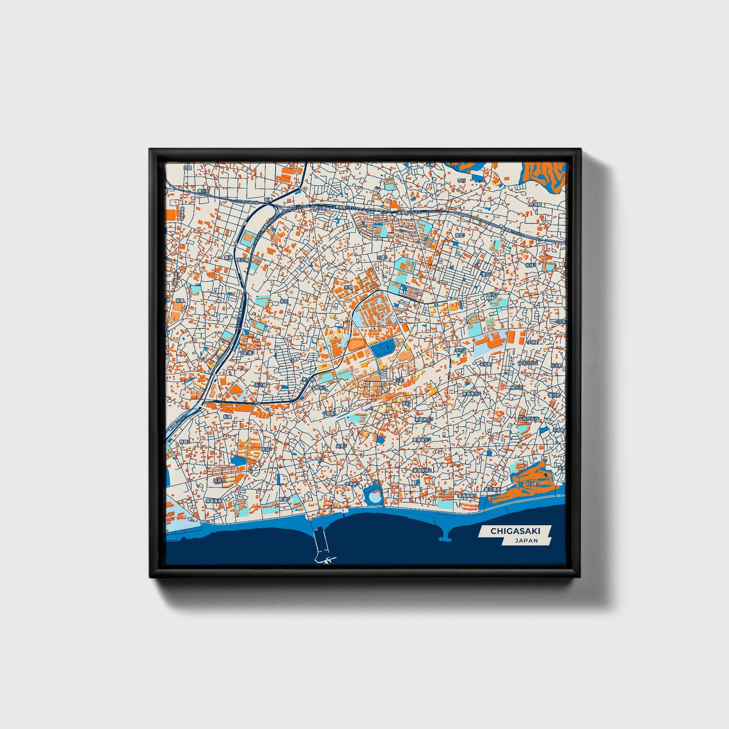 Chigasaki Japan Colorful City Map Canvas Print • Black Framed