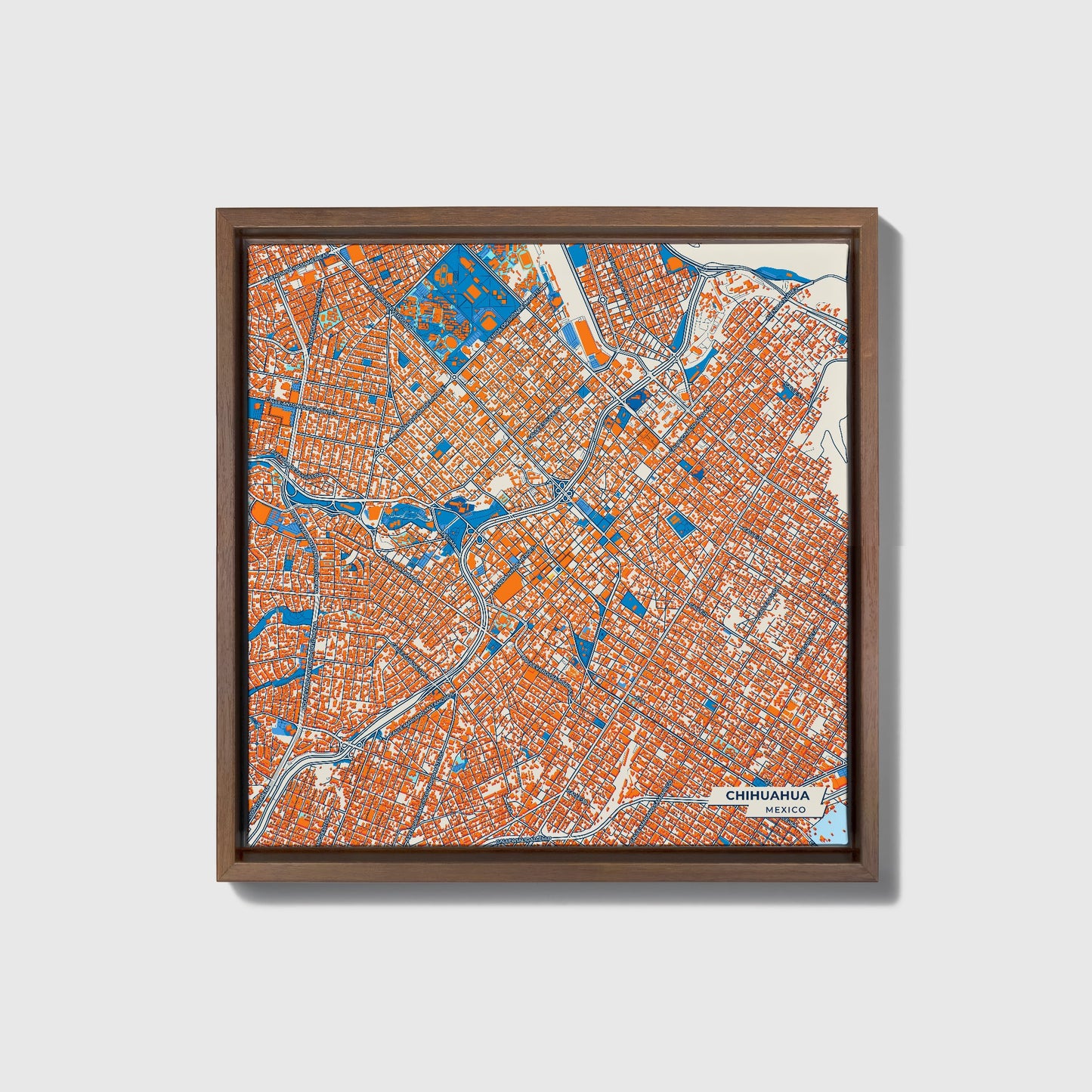 Chihuahua Mexico Colorful City Map Canvas Print • Dark Wooden Framed