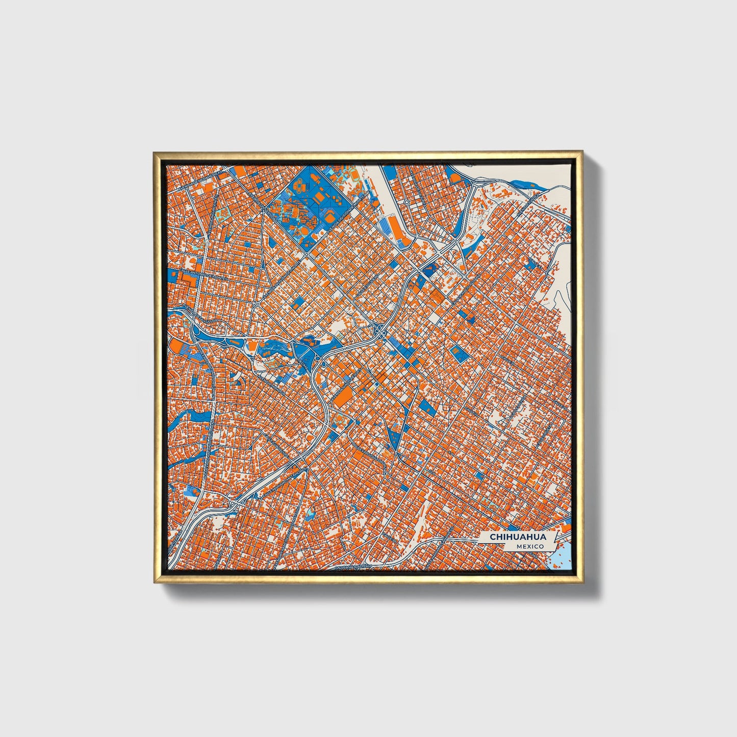 Chihuahua Mexico Colorful City Map Canvas Print • Gold Framed