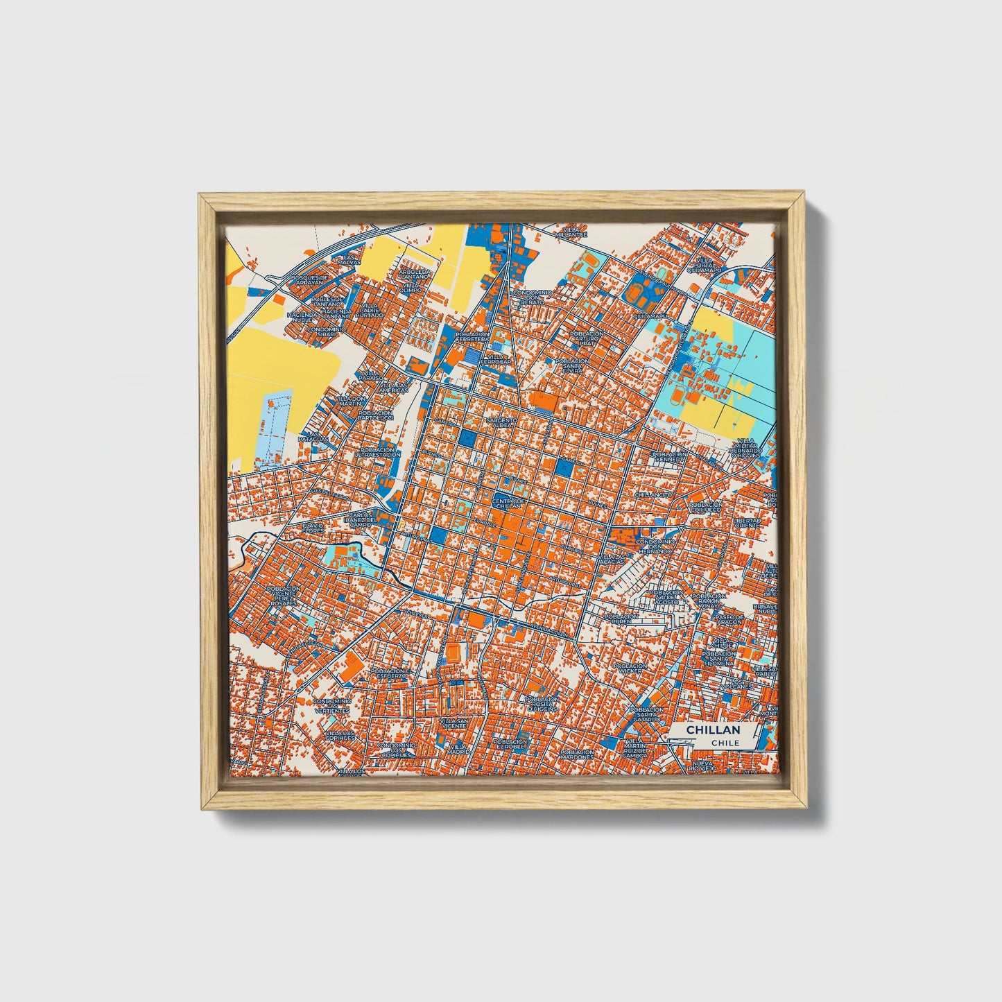 Chillan Chile Colorful City Map Canvas Print • Natural Wooden Framed