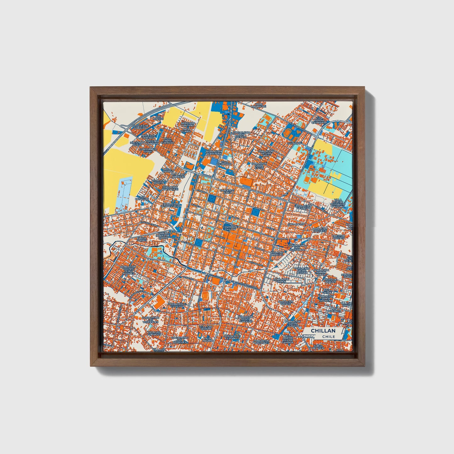 Chillan Chile Colorful City Map Canvas Print • Dark Wooden Framed