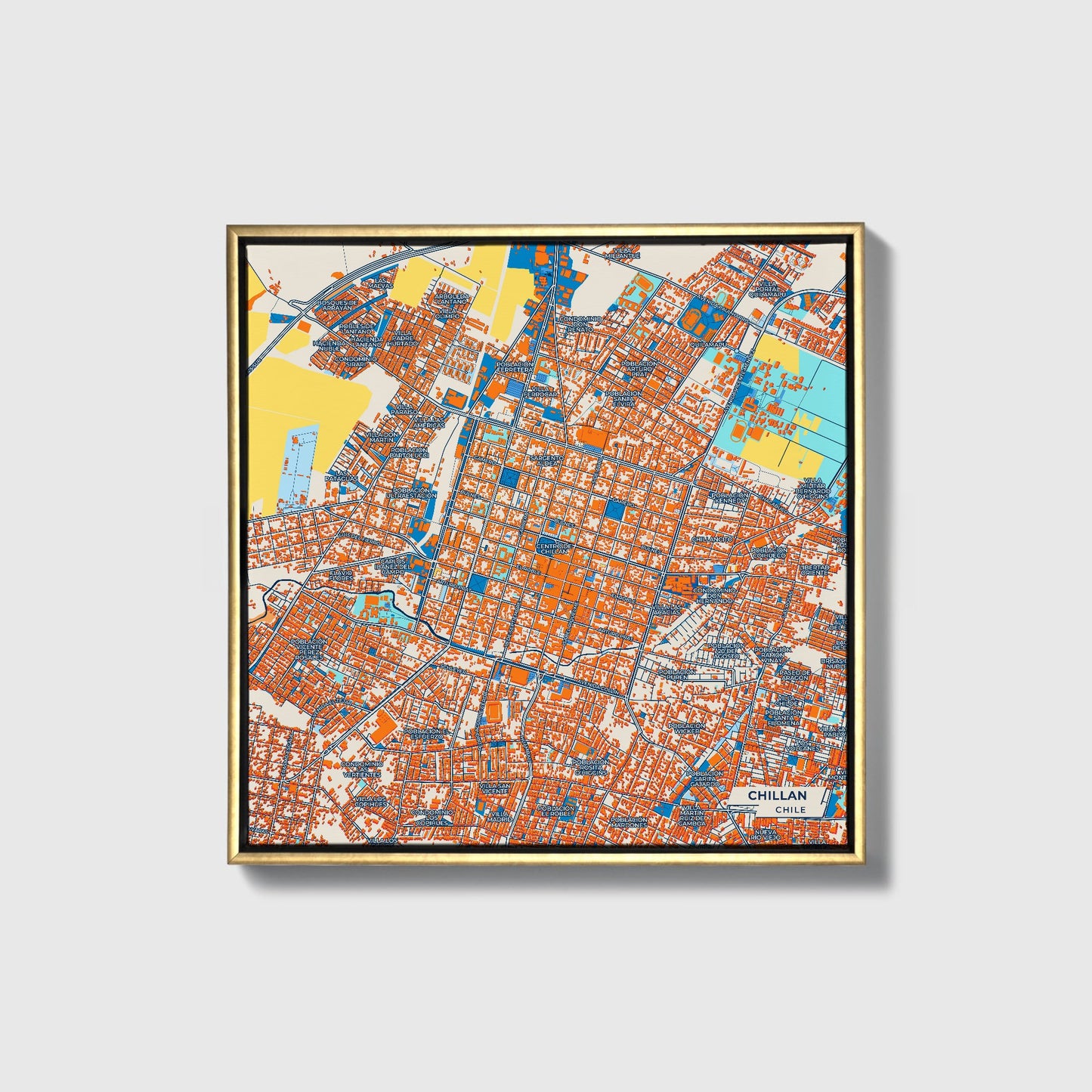 Chillan Chile Colorful City Map Canvas Print • Gold Framed