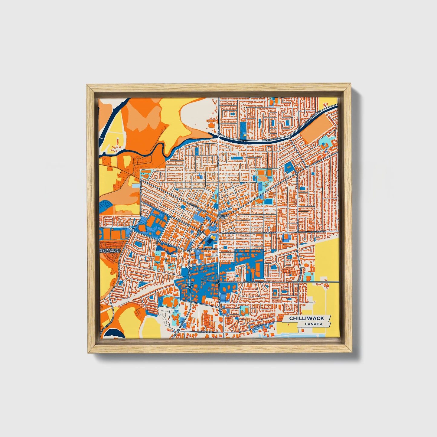 Chilliwack Canada Colorful City Map Canvas Print • Natural Wooden Framed