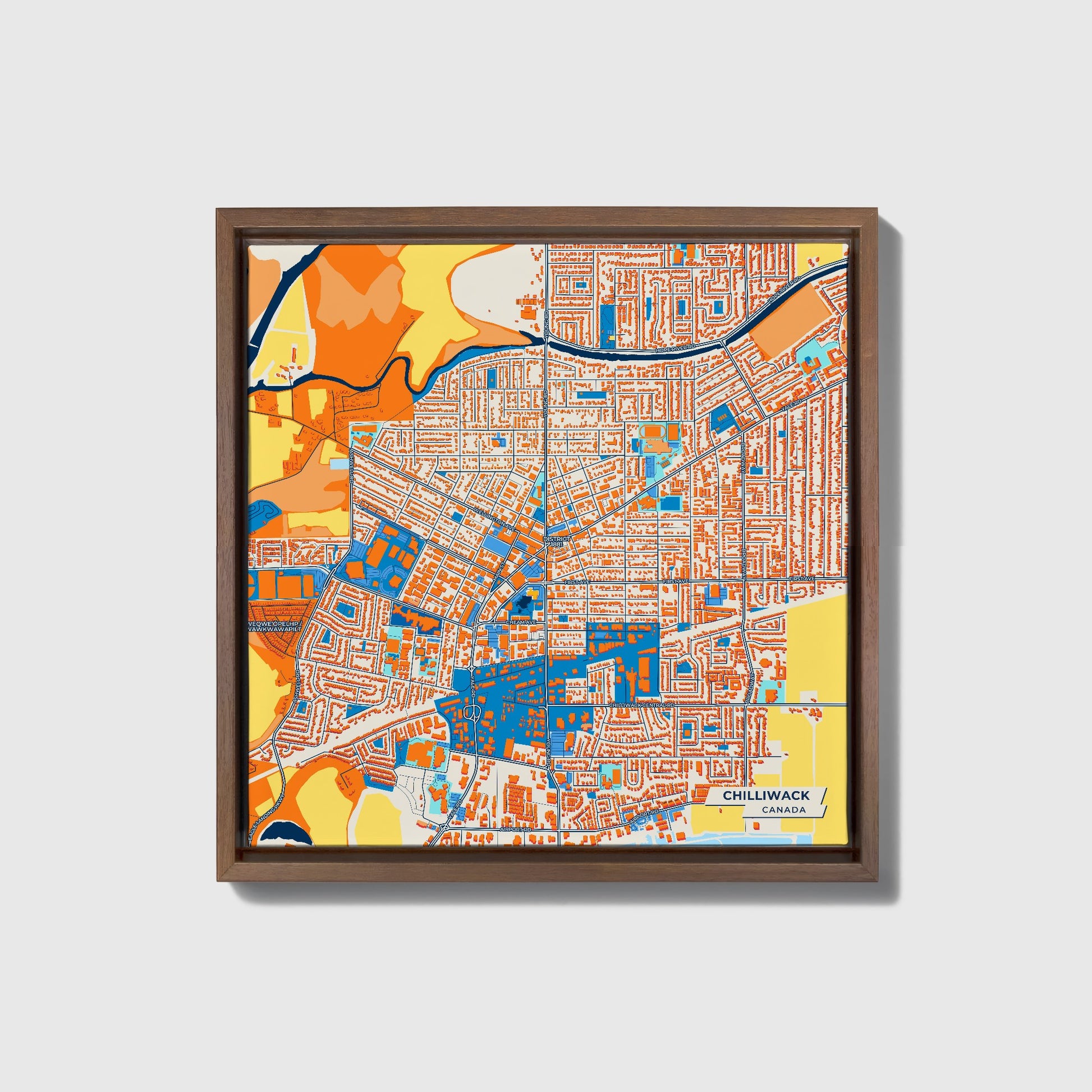 Chilliwack Canada Colorful City Map Canvas Print • Dark Wooden Framed