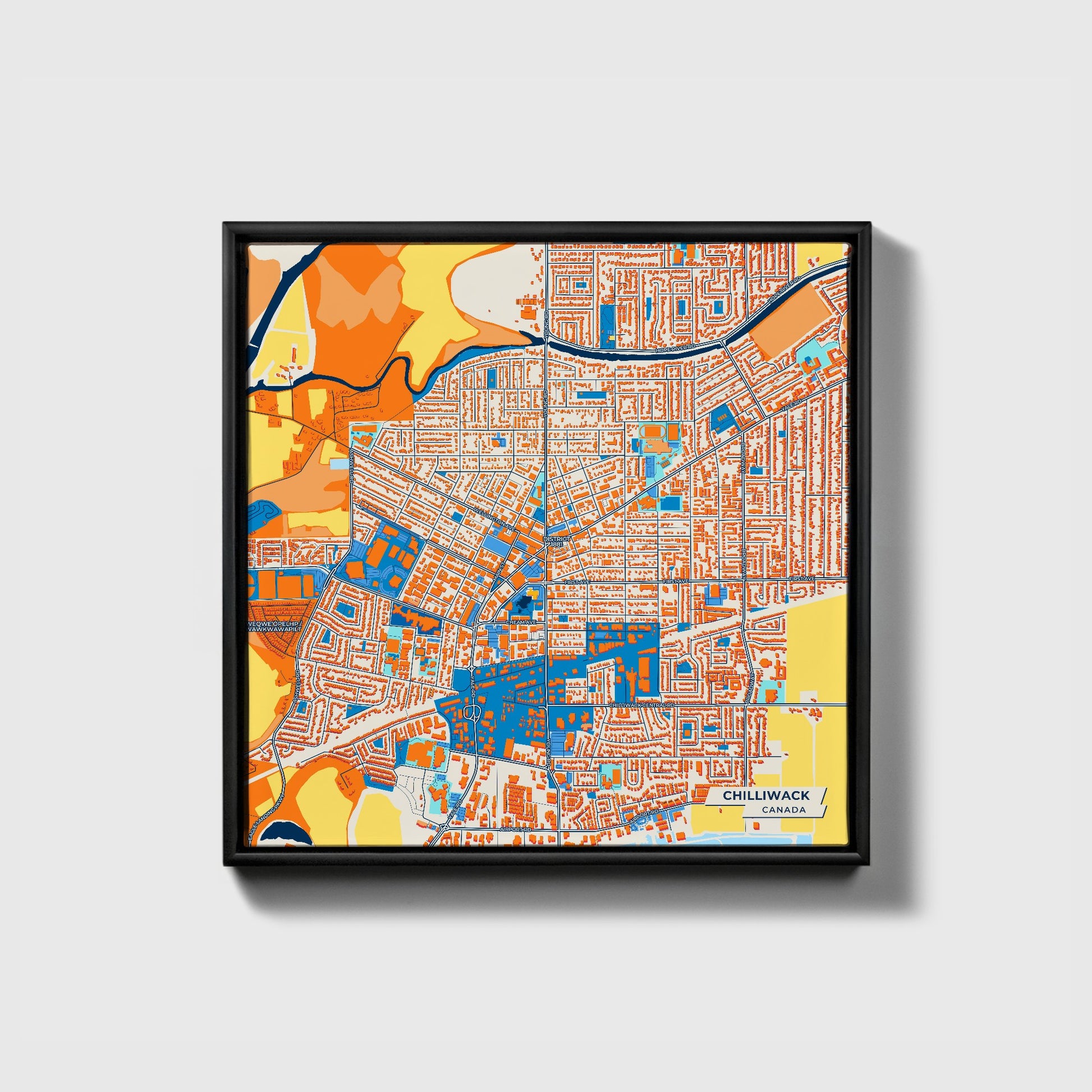 Chilliwack Canada Colorful City Map Canvas Print • Black Framed