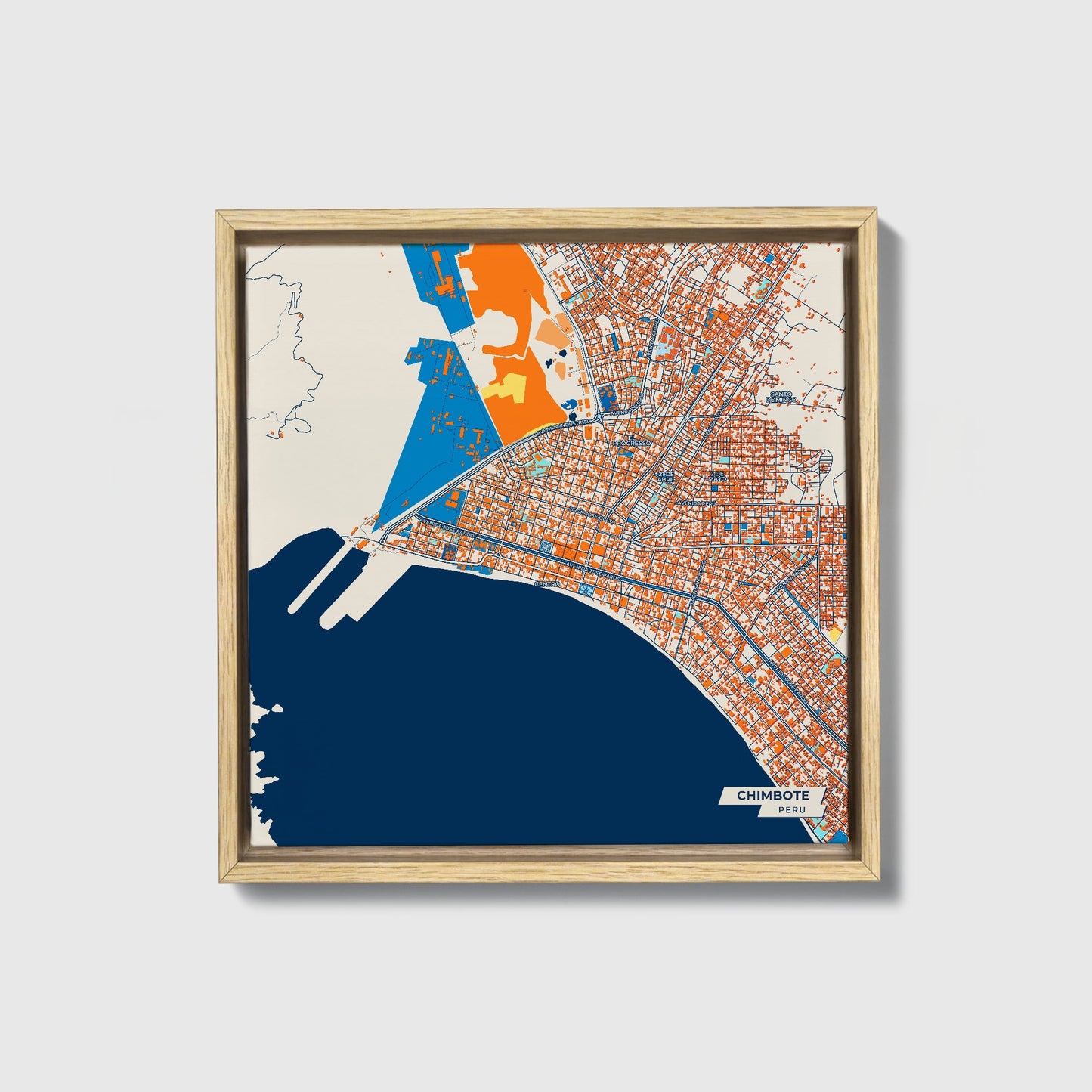 Chimbote Peru Colorful City Map Canvas Print • Natural Wooden Framed