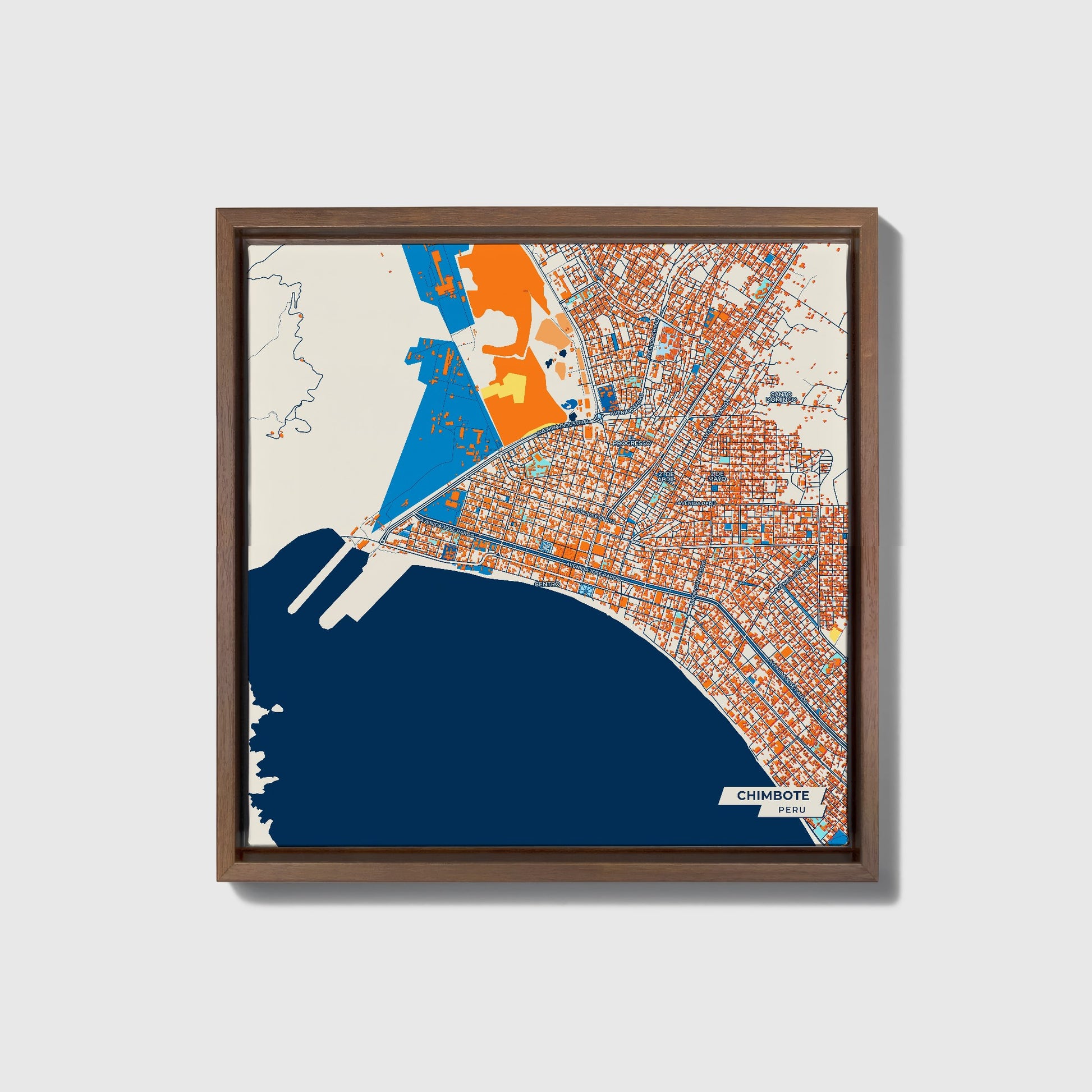 Chimbote Peru Colorful City Map Canvas Print • Dark Wooden Framed