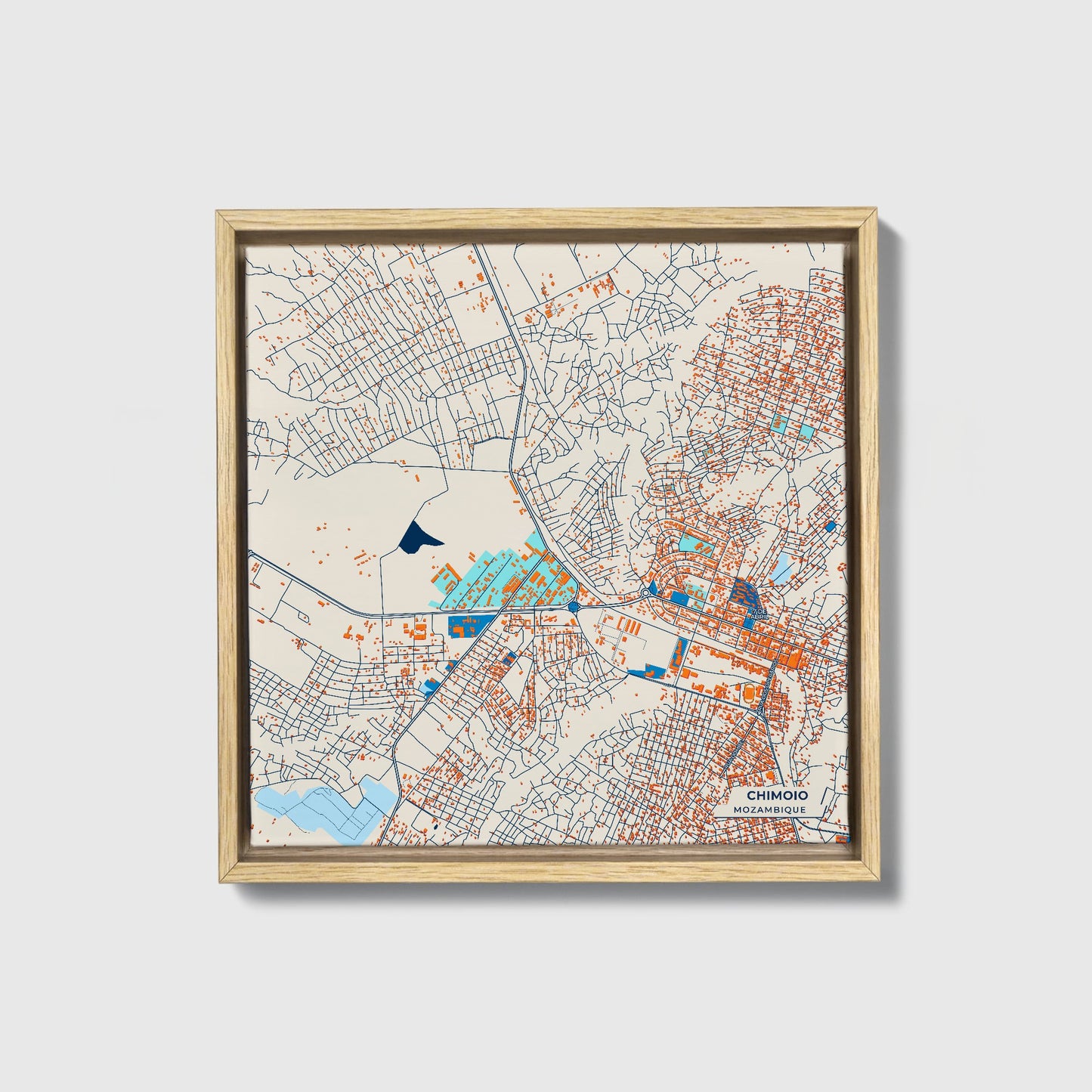 Chimoio Mozambique Colorful City Map Canvas Print • Natural Wooden Framed