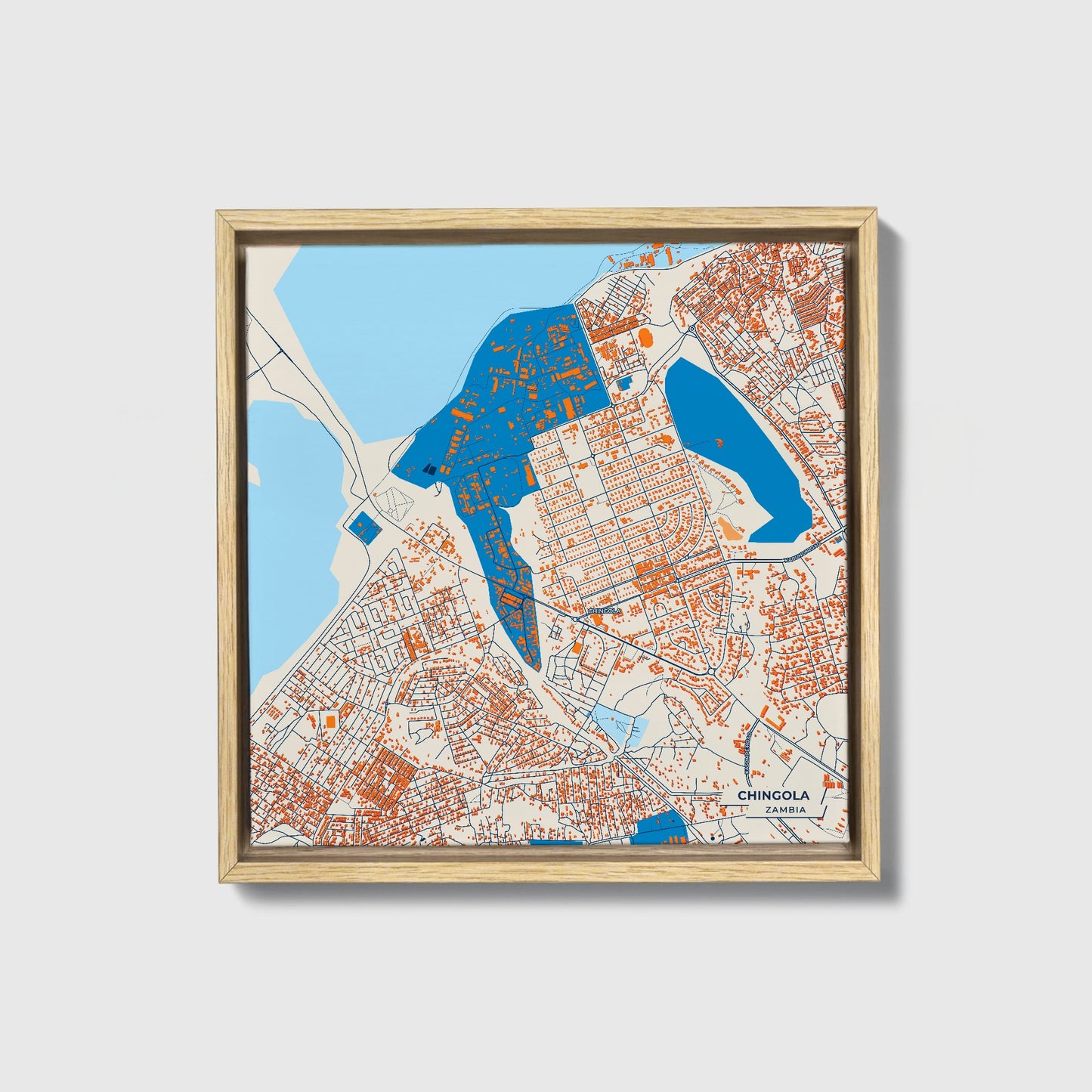 Chingola Zambia Colorful City Map Canvas Print • Natural Wooden Framed