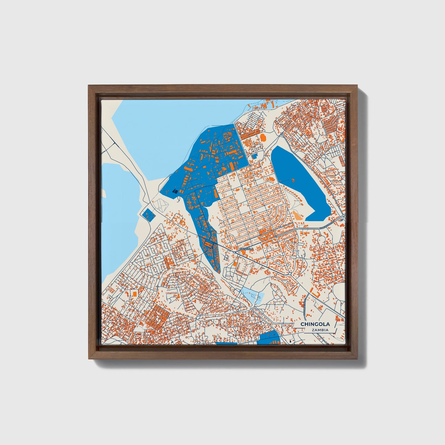 Chingola Zambia Colorful City Map Canvas Print • Dark Wooden Framed