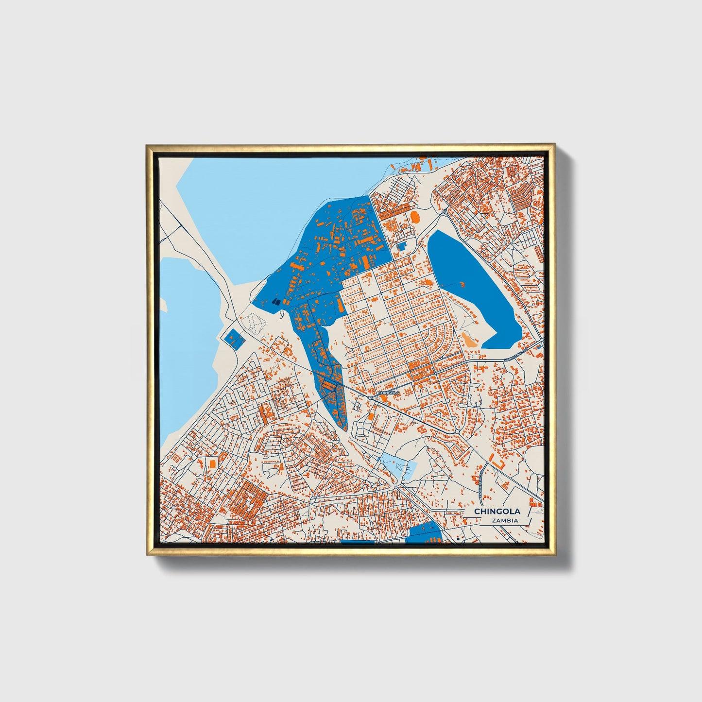 Chingola Zambia Colorful City Map Canvas Print • Gold Framed