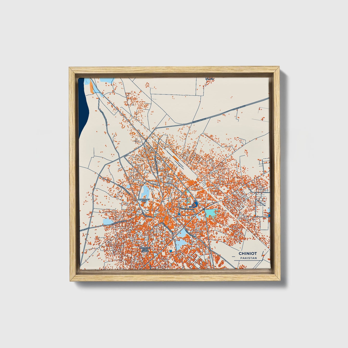 Chiniot Pakistan Colorful City Map Canvas Print • Natural Wooden Framed