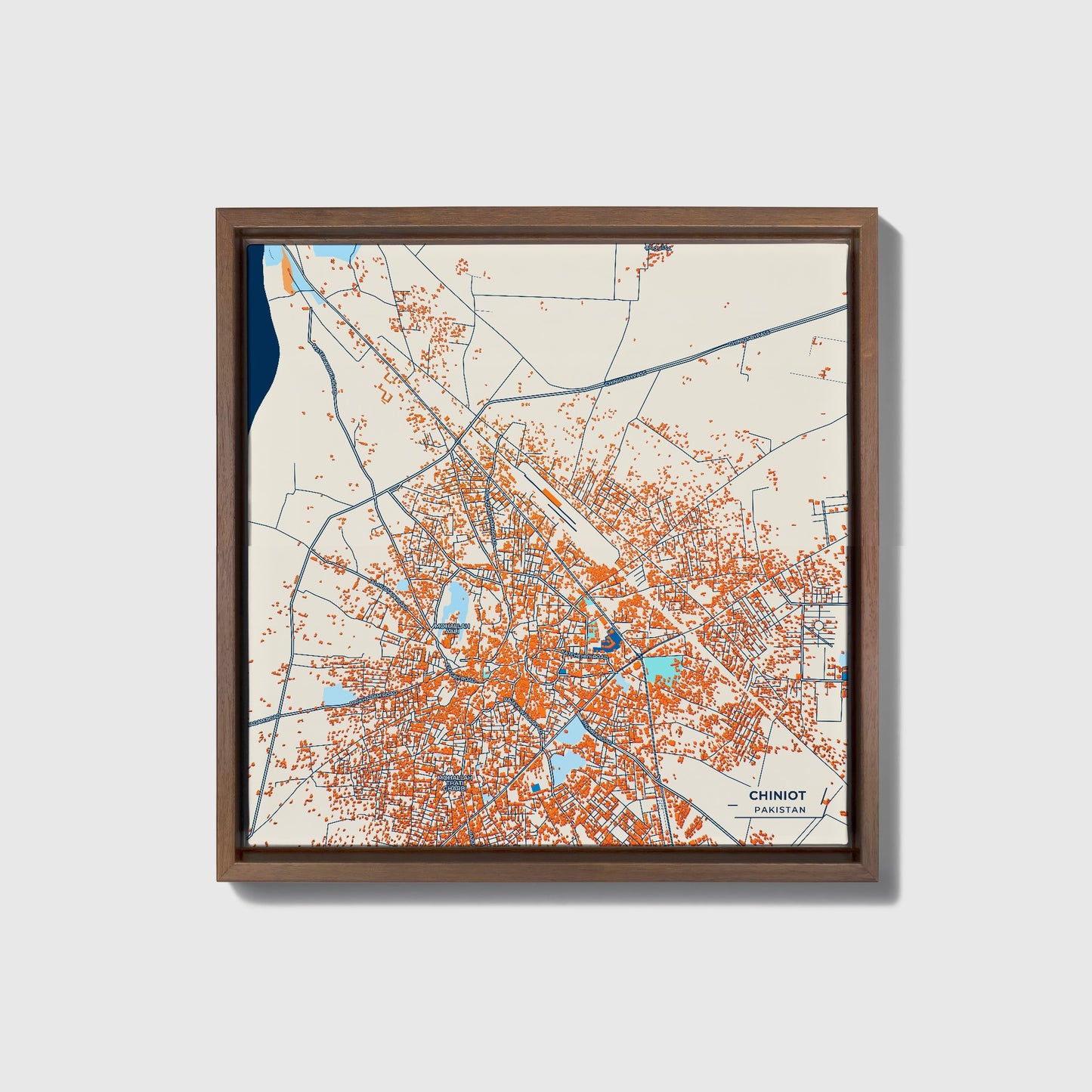 Chiniot Pakistan Colorful City Map Canvas Print • Dark Wooden Framed