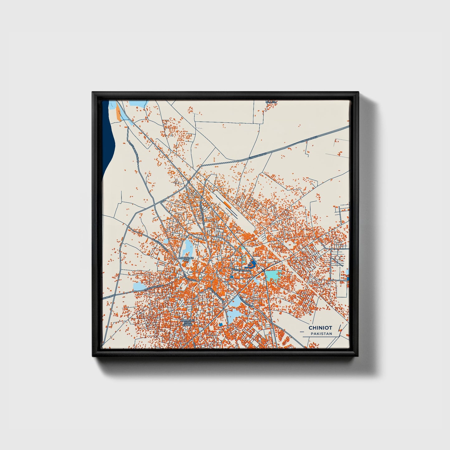 Chiniot Pakistan Colorful City Map Canvas Print • Black Framed