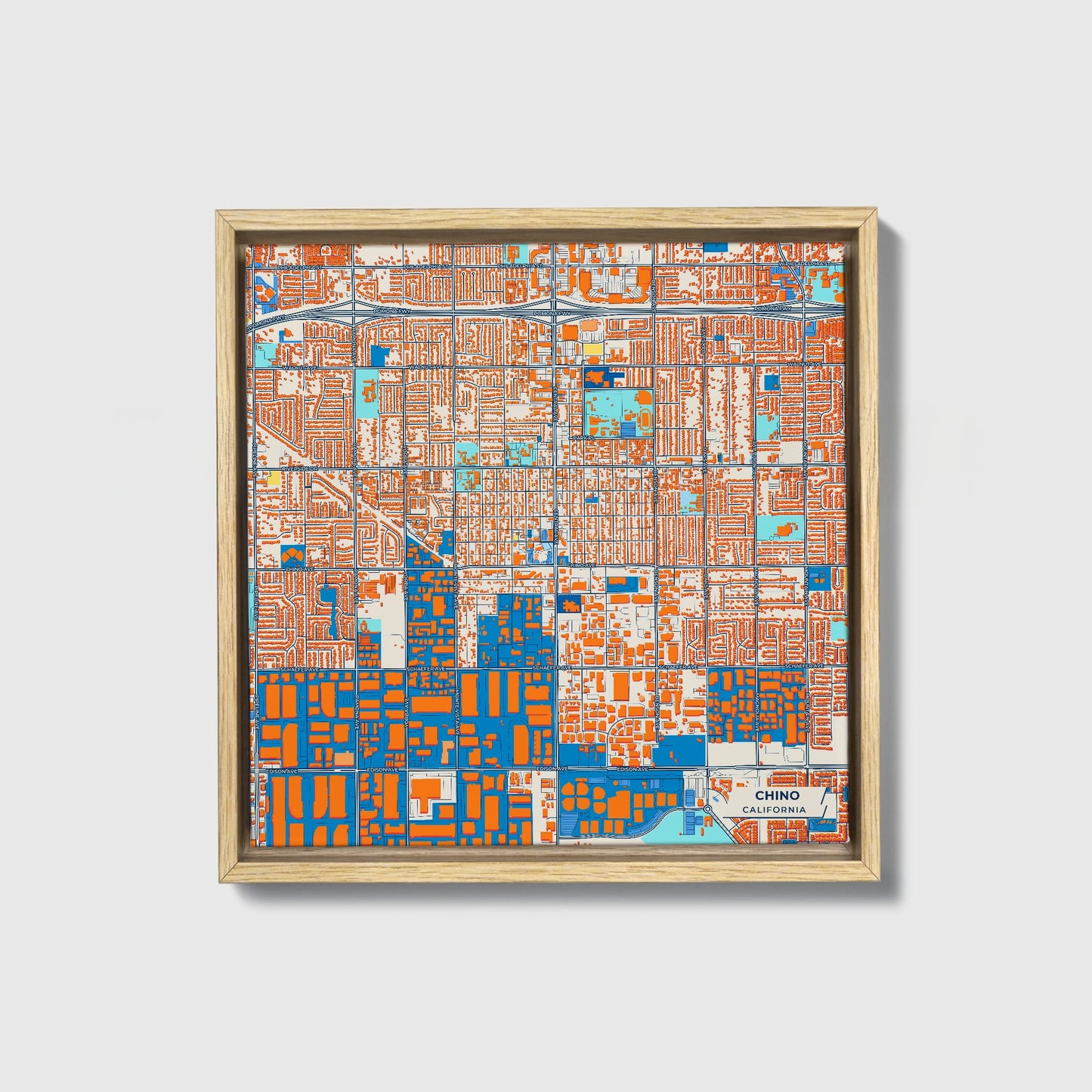 Chino California Colorful City Map Canvas Print • Natural Wooden Framed