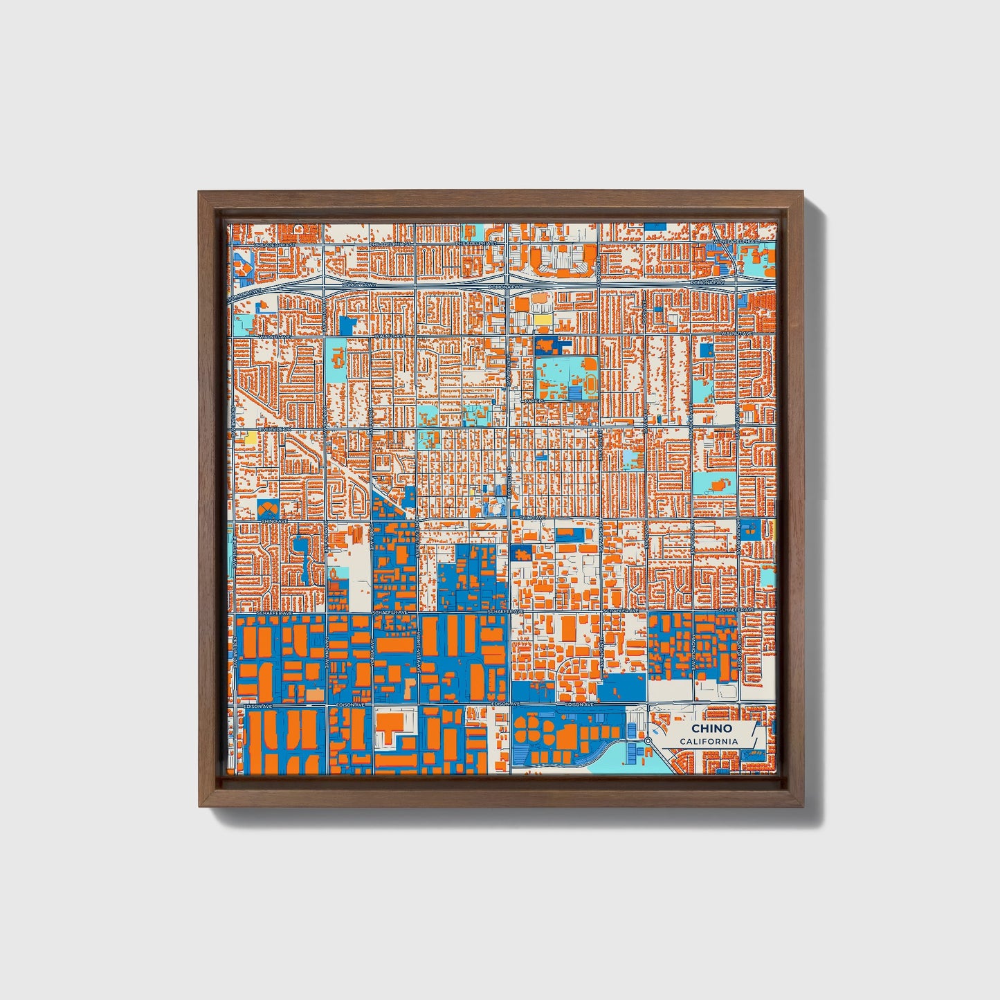Chino California Colorful City Map Canvas Print • Dark Wooden Framed