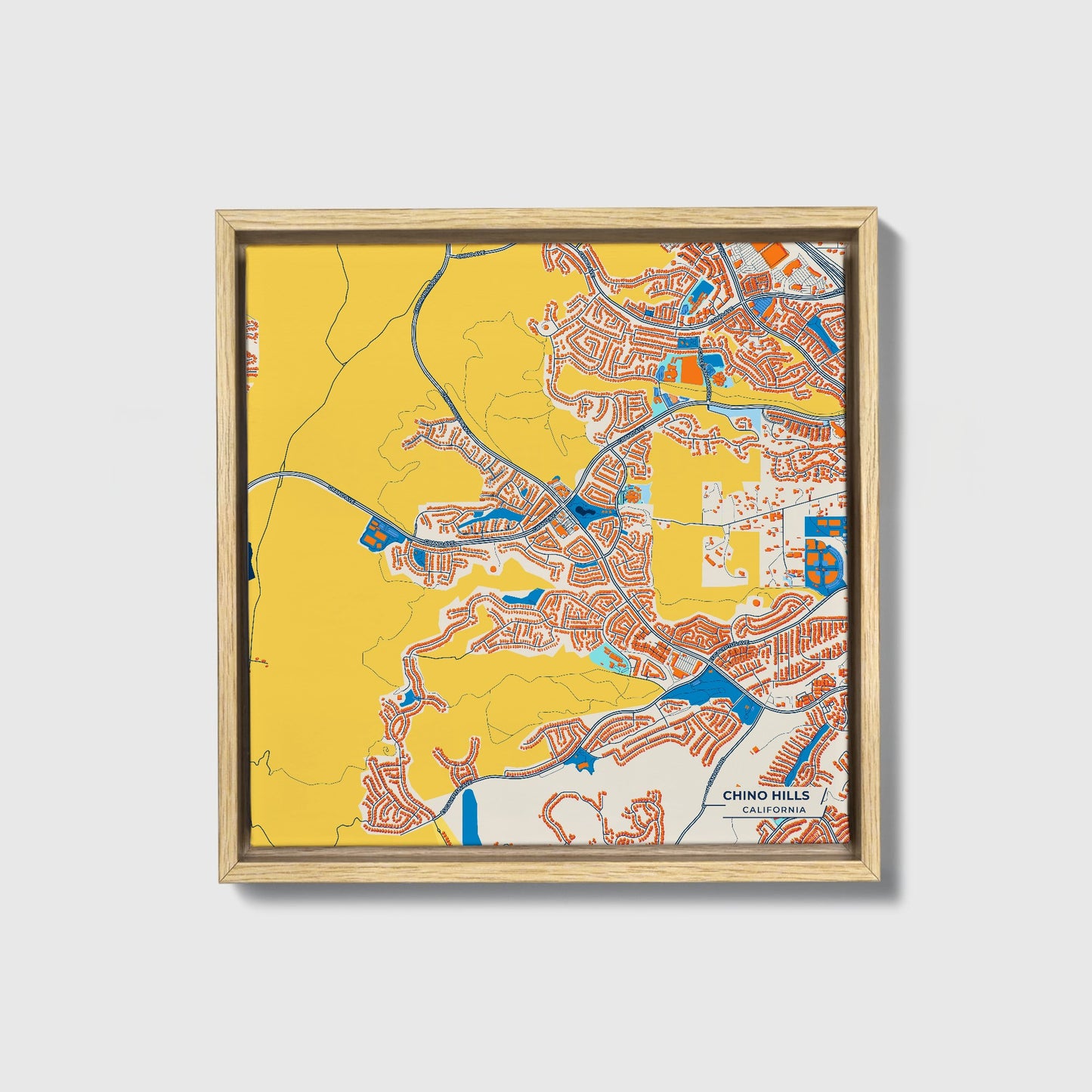 Chino Hills California Colorful City Map Canvas Print • Natural Wooden Framed