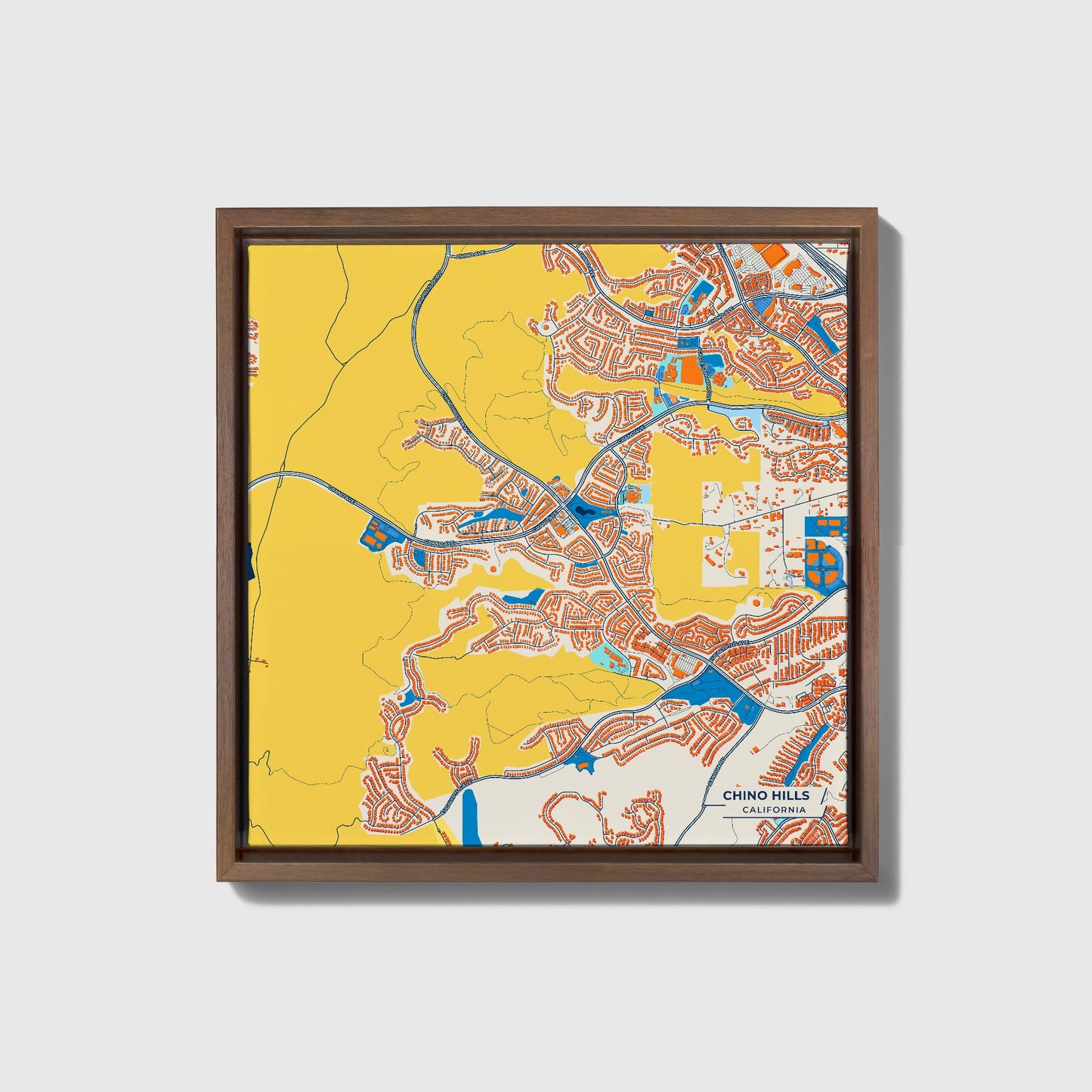 Chino Hills California Colorful City Map Canvas Print • Dark Wooden Framed
